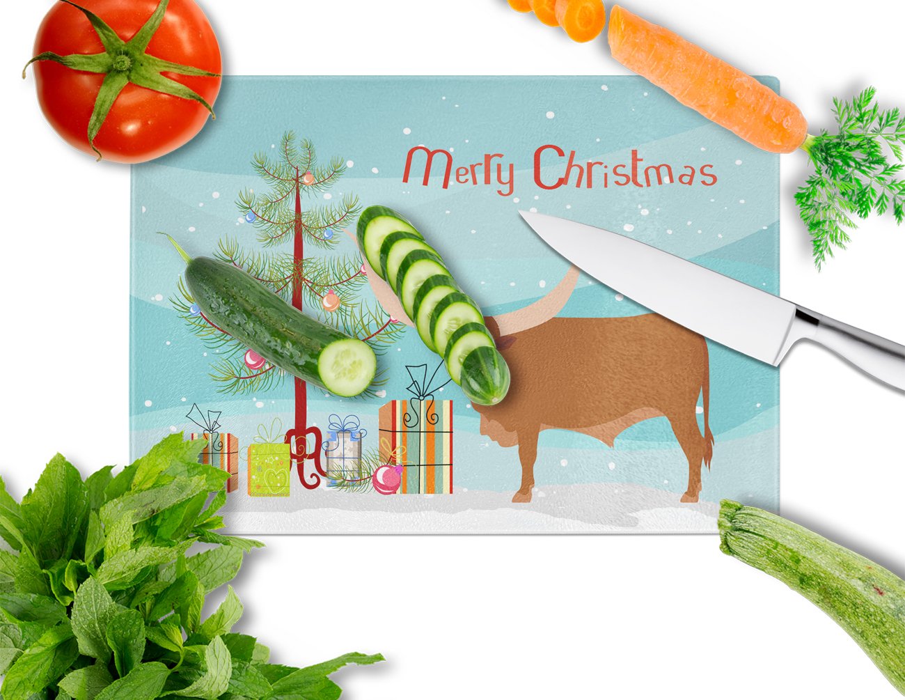 Ankole-Watusu Cow Christmas Cutting Board Tempered Glass Kitchen Cutting Surface, Heat Resistant Chopping, Non-Slip Feet, Food Prep & Serving