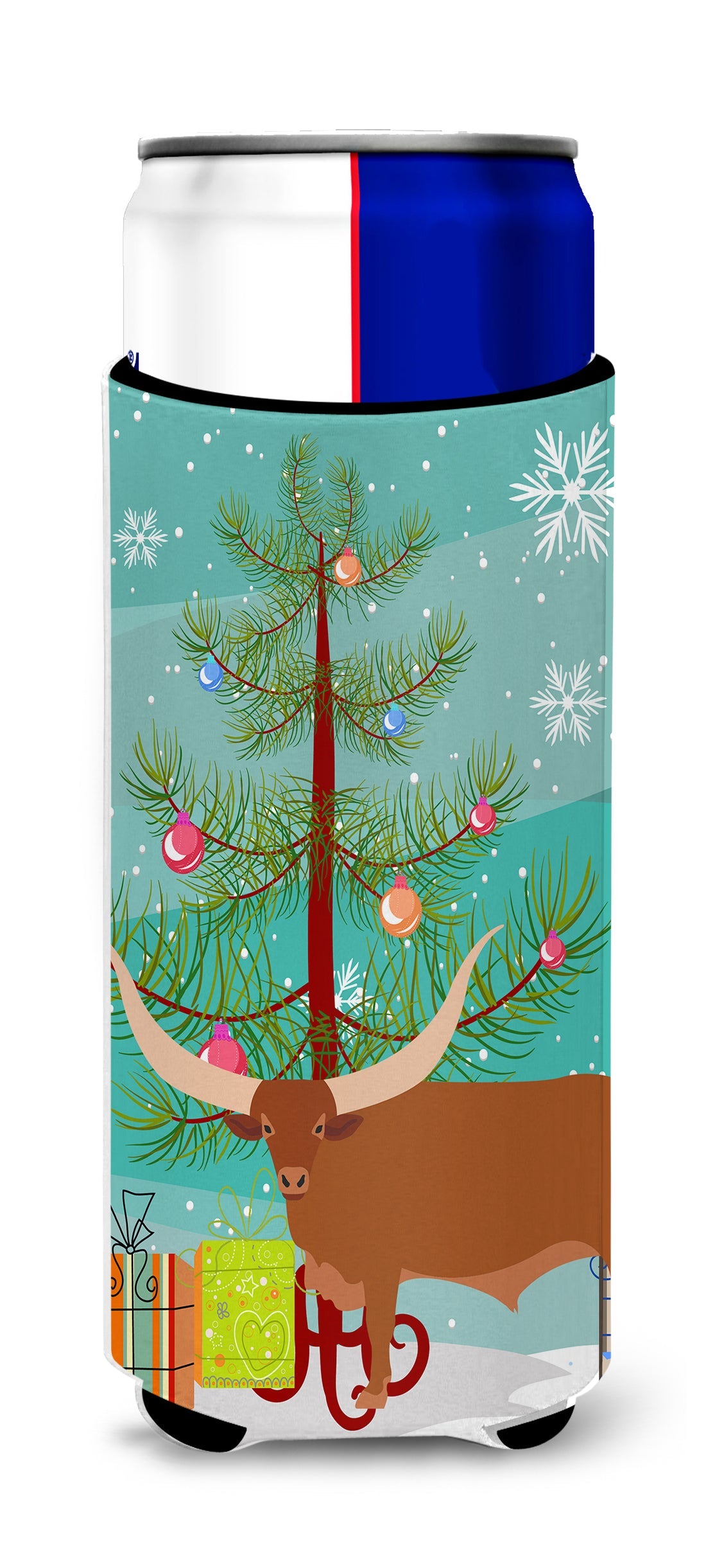 Ankole-Watusu Cow Christmas Slim Can Hugger , Insulated Foam Hugger for 12 oz Slim Cans, Beer Bottles & Water Bottles, Printed in USA