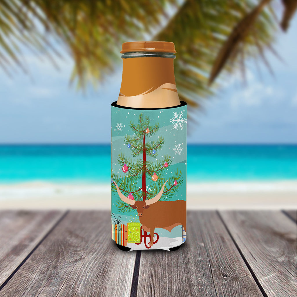 Ankole-Watusu Cow Christmas Slim Can Hugger , Insulated Foam Hugger for 12 oz Slim Cans, Beer Bottles & Water Bottles, Printed in USA