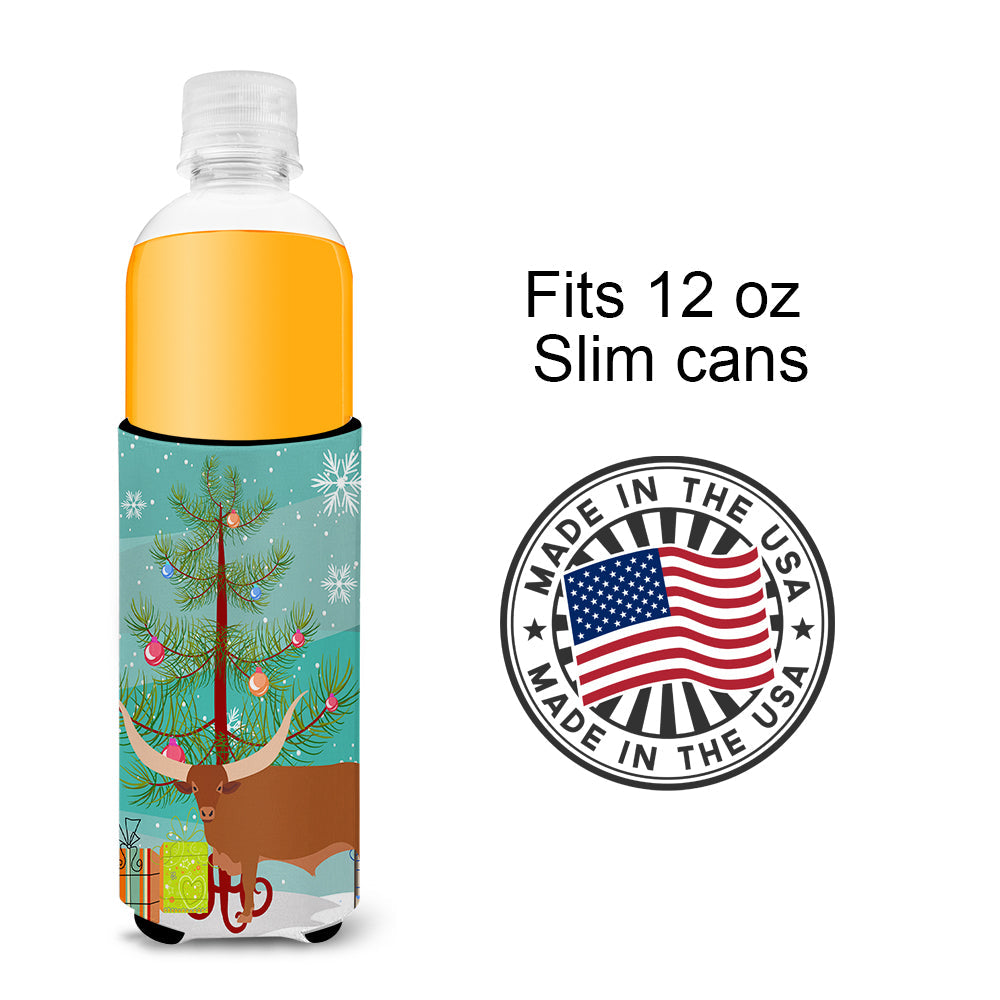 Ankole-Watusu Cow Christmas Slim Can Hugger , Insulated Foam Hugger for 12 oz Slim Cans, Beer Bottles & Water Bottles, Printed in USA