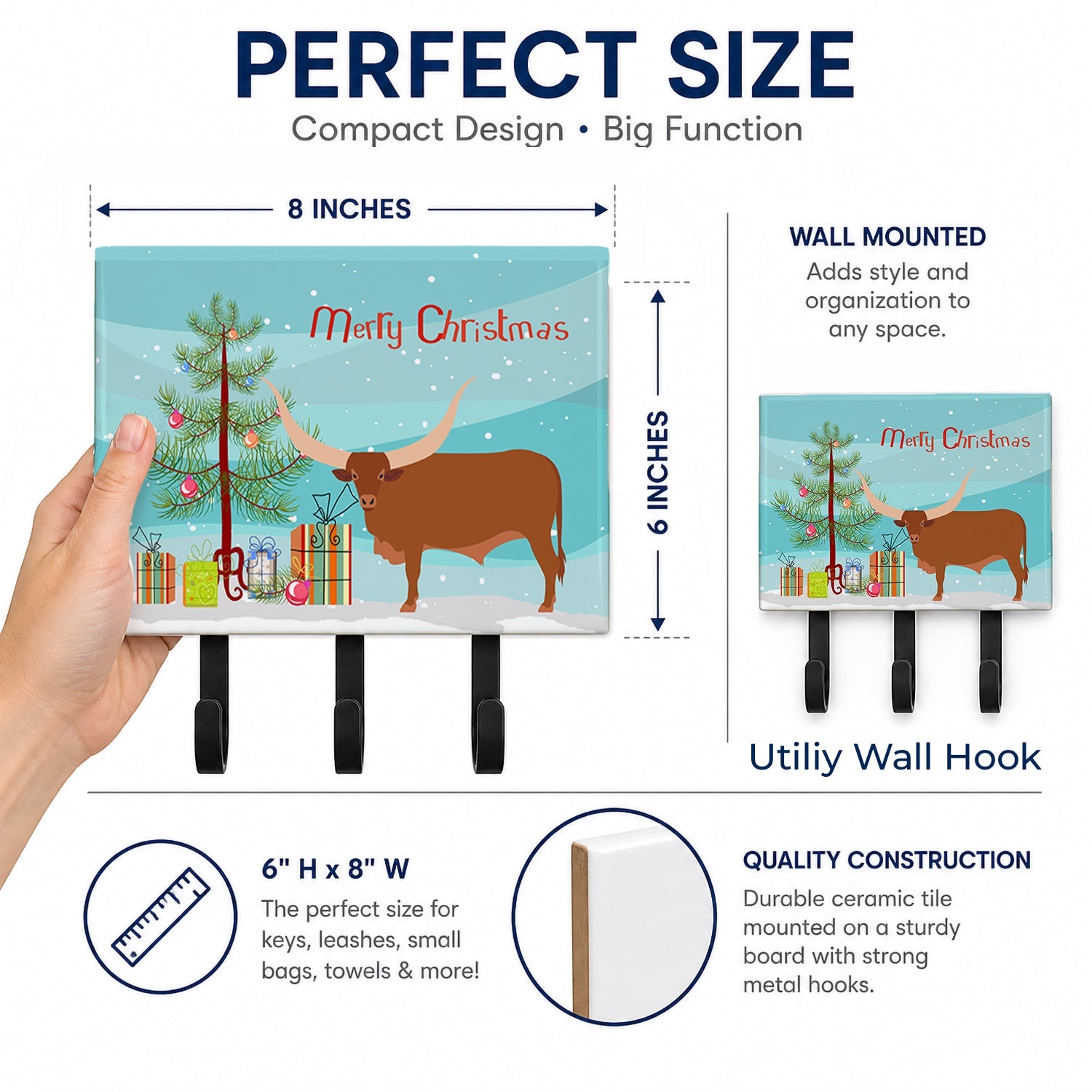 Ankole-Watusu Cow Christmas Leash or Key Holder Wall Hooks, Coat Rack Wall Mount, for Hanging Keys, Towels, Aprons, Leashes