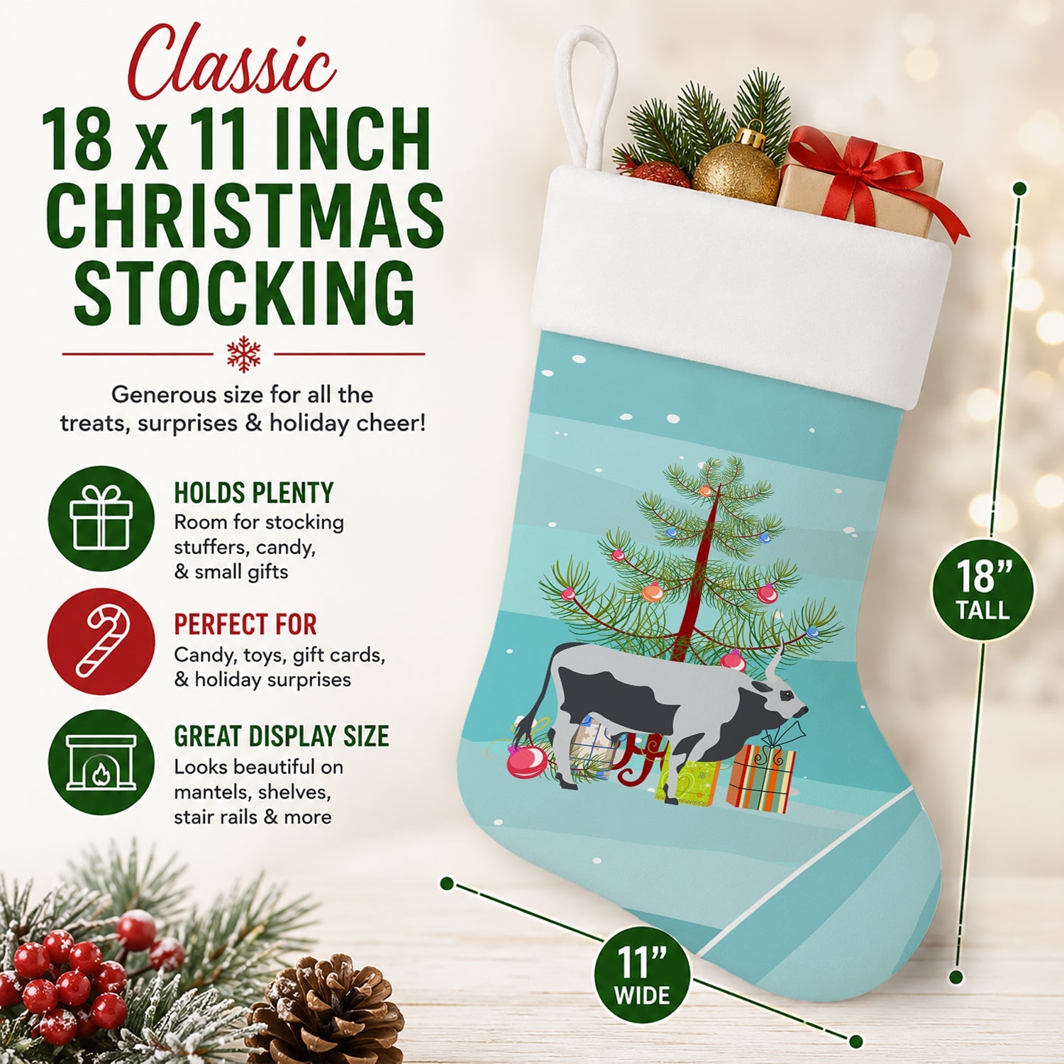 Hungarian Grey Steppe Cow Christmas Holiday Stocking Double-Sided Print, Polyester Suede,11x18, Made in USA