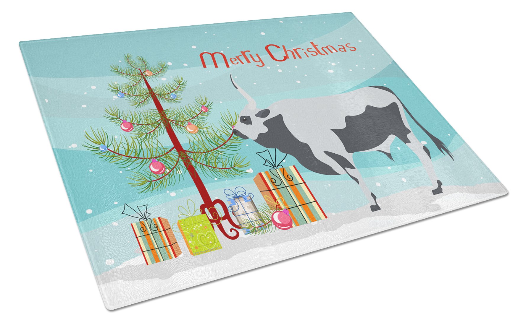 Hungarian Grey Steppe Cow Christmas Cutting Board Tempered Glass Kitchen Cutting Surface, Heat Resistant Chopping, Non-Slip Feet, Food Prep & Serving