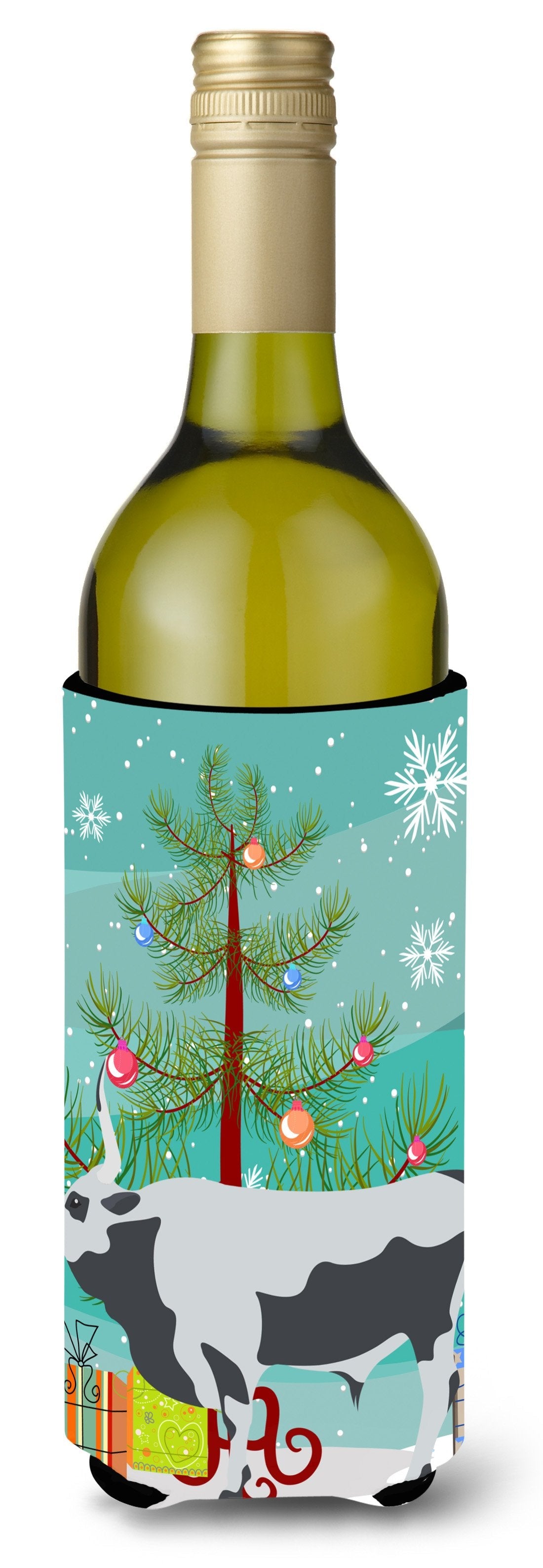 Hungarian Grey Steppe Cow Christmas Wine Bottle Hugger Gift Sleeve for Standard 750 ml Bottles, Insulated Reusable Also Fits Mini Shot & Pint Bottles