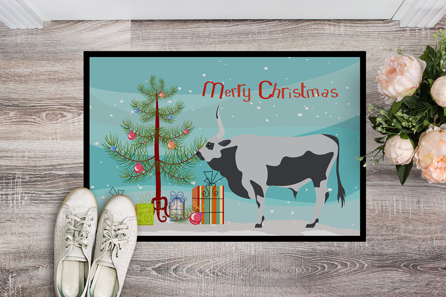 Hungarian Grey Steppe Cow Christmas Doormat Indoor Outdoor 18H X 27W Front Door Mat Rugs for Entryway, Non Slip Washable
