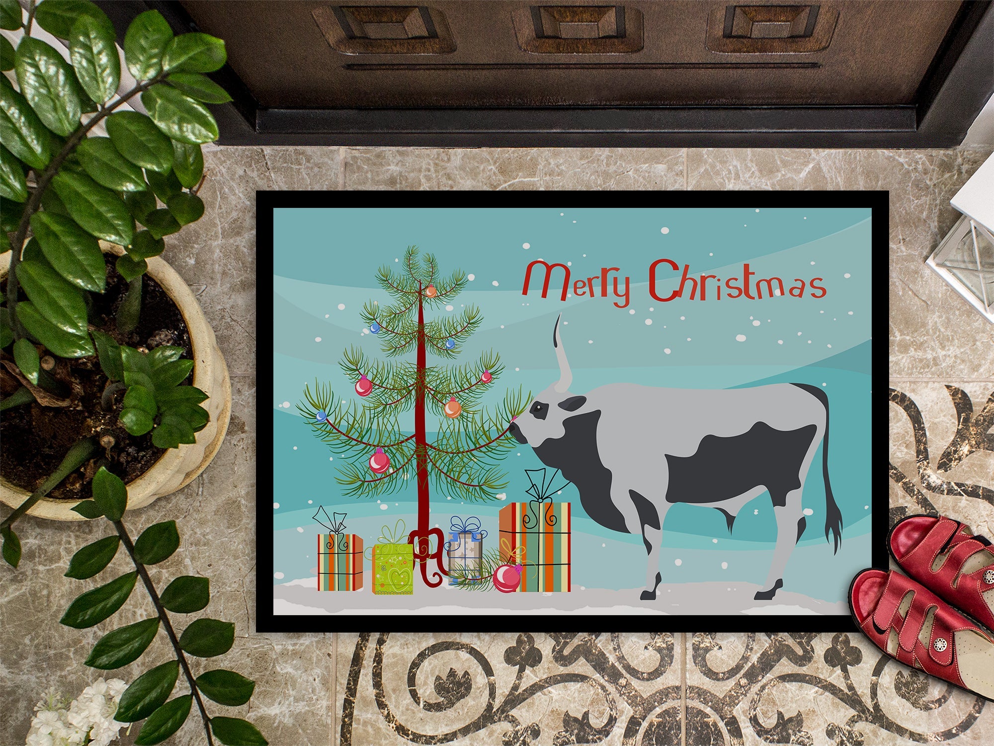 Hungarian Grey Steppe Cow Christmas Doormat Indoor Outdoor 18H X 27W Front Door Mat Rugs for Entryway, Non Slip Washable