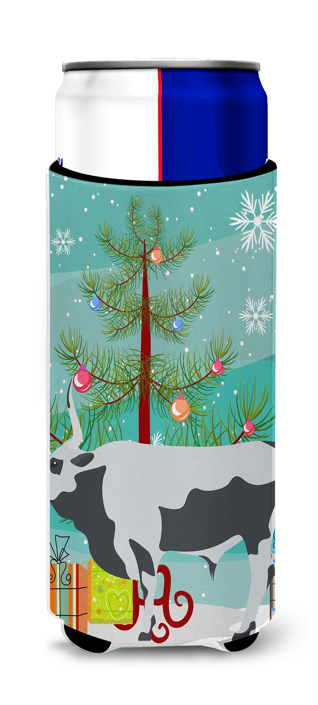 Hungarian Grey Steppe Cow Christmas Slim Can Hugger , Insulated Foam Hugger for 12 oz Slim Cans, Beer Bottles & Water Bottles, Printed in USA