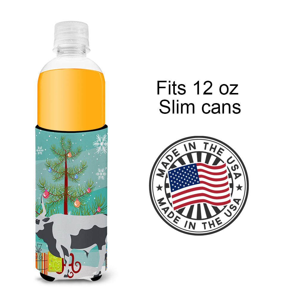 Hungarian Grey Steppe Cow Christmas Slim Can Hugger , Insulated Foam Hugger for 12 oz Slim Cans, Beer Bottles & Water Bottles, Printed in USA