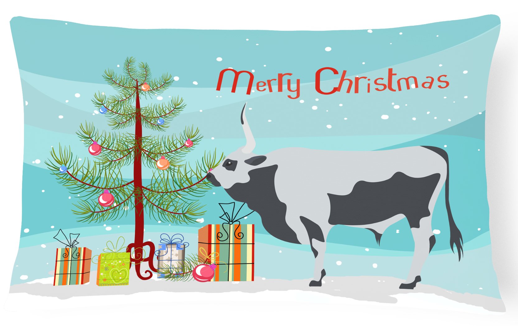 Hungarian Grey Steppe Cow Christmas Decorative Throw Pillow 12x16 Indoor Outdoor Accent Cushion, Fabric Cover with Insert for Sofa, Bed, Porch & Living Room