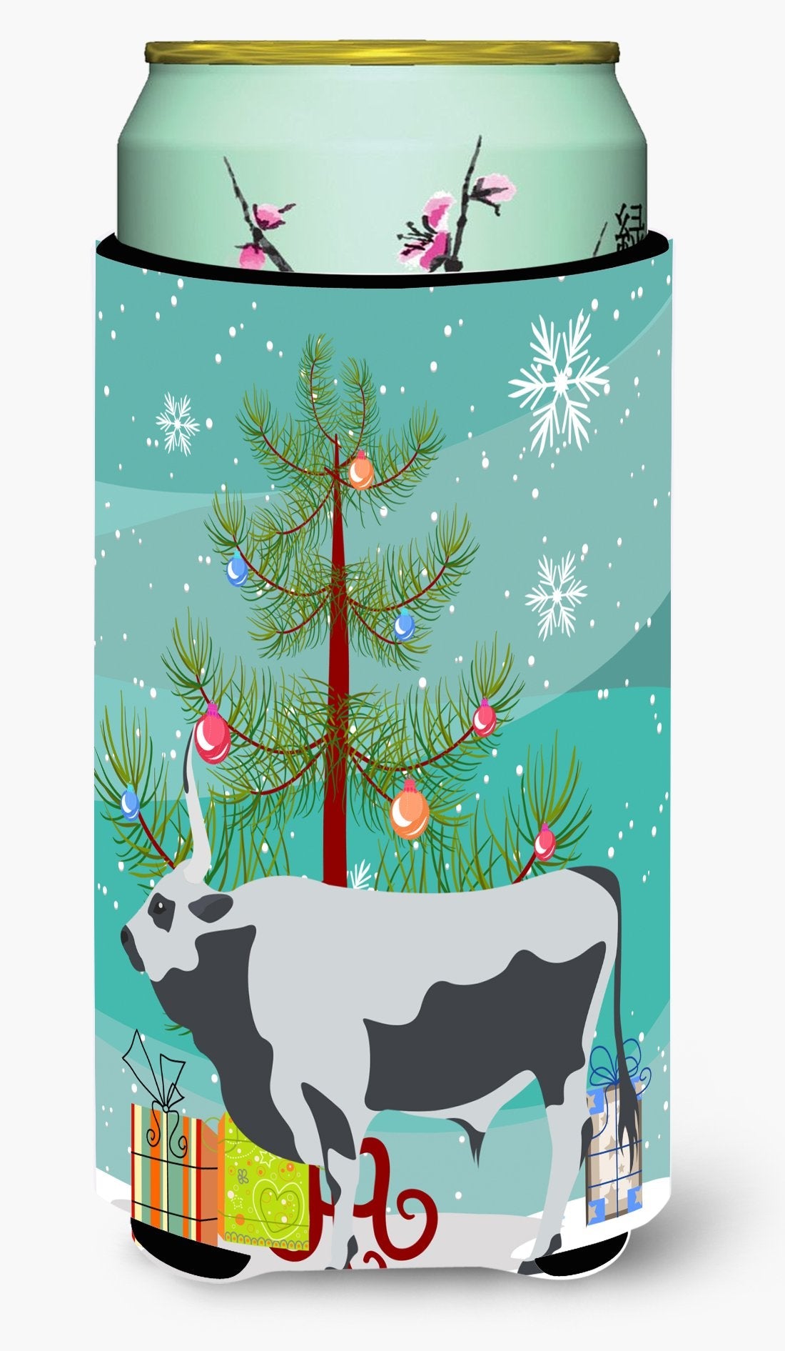 Hungarian Grey Steppe Cow Christmas Tall Boy Hugger Can Cooler Sleeve Machine Washable Drink Collapsible Insulator Beverage Insulated Holder