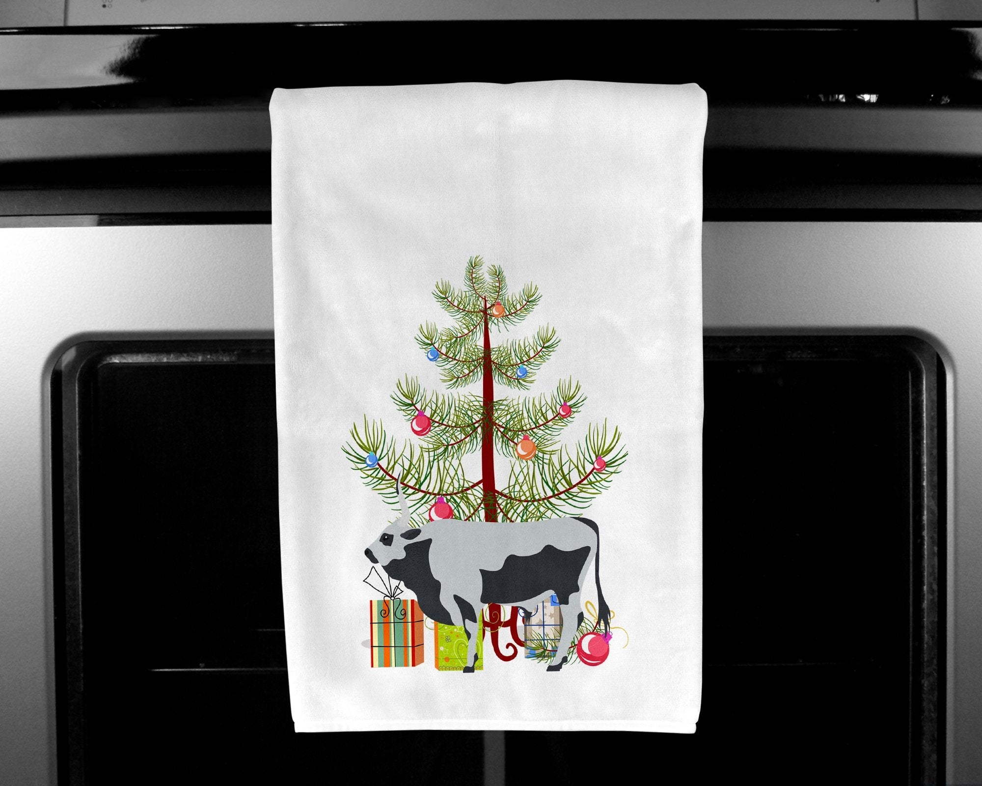 Hungarian Grey Steppe Cow Christmas Kitchen Towel Set of 2 White Dish Towels Decorative Bathroom Hand towel for Hand, Face, Hair, Yoga, Tea, Dishcloth, 19 X 28", White