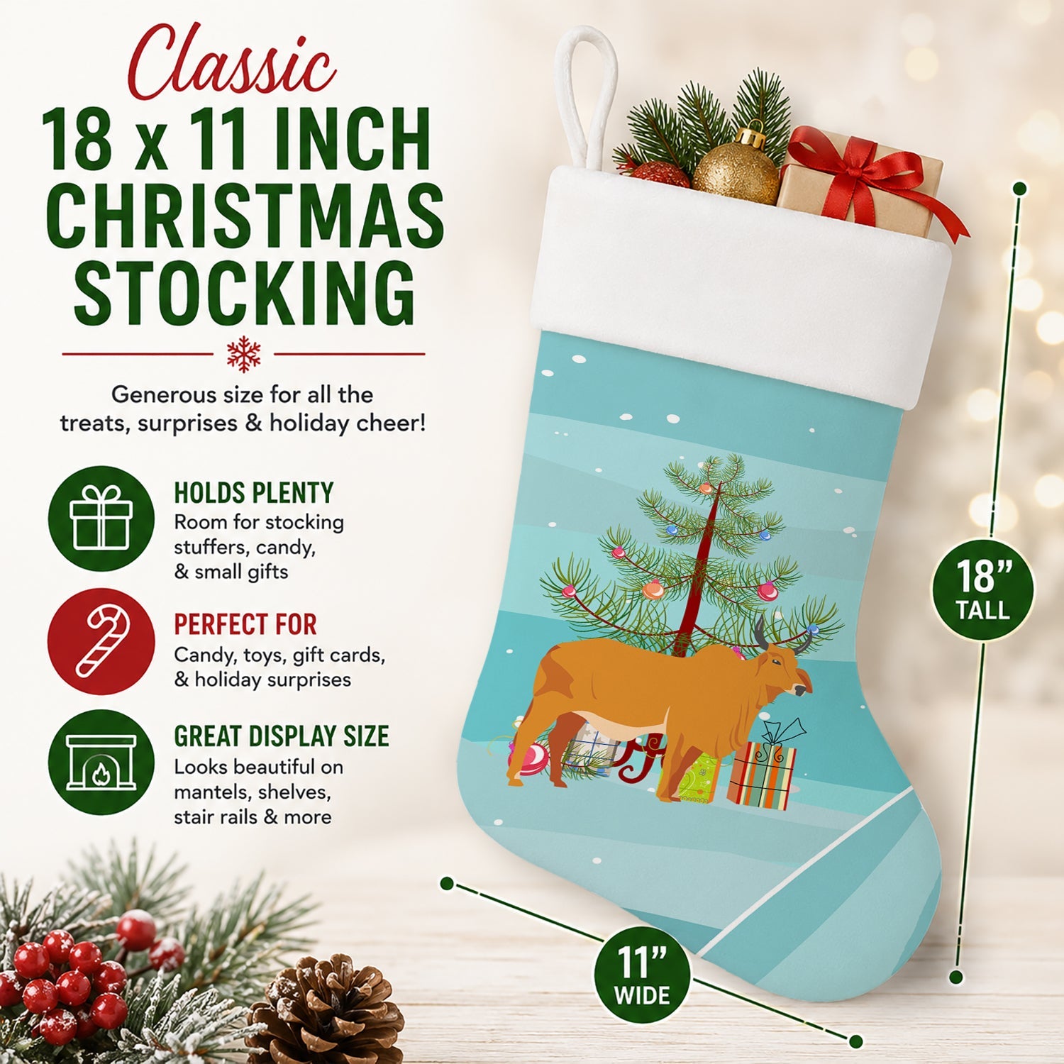 Zebu Indicine Cow Christmas Holiday Stocking Double-Sided Print, Polyester Suede,11x18, Made in USA