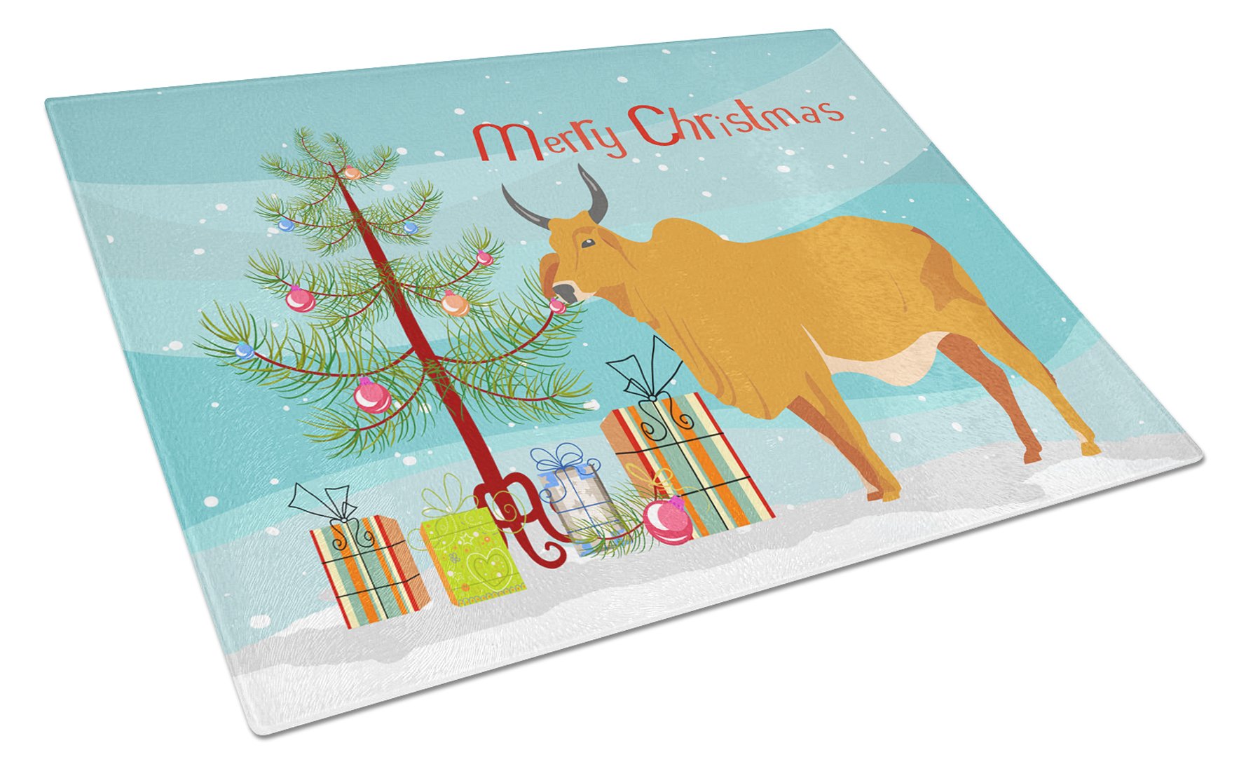 Zebu Indicine Cow Christmas Cutting Board Tempered Glass Kitchen Cutting Surface, Heat Resistant Chopping, Non-Slip Feet, Food Prep & Serving