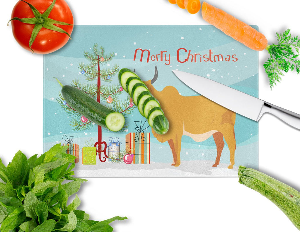 Zebu Indicine Cow Christmas Cutting Board Tempered Glass Kitchen Cutting Surface, Heat Resistant Chopping, Non-Slip Feet, Food Prep & Serving