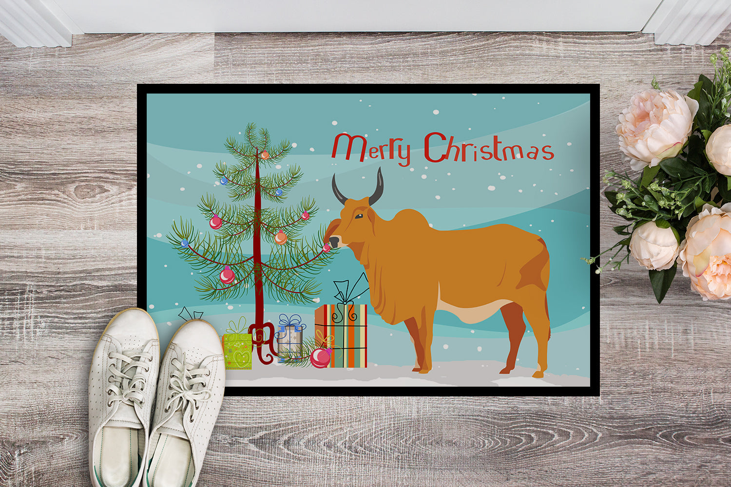 Zebu Indicine Cow Christmas Doormat Indoor Outdoor 18H X 27W Front Door Mat Rugs for Entryway, Non Slip Washable