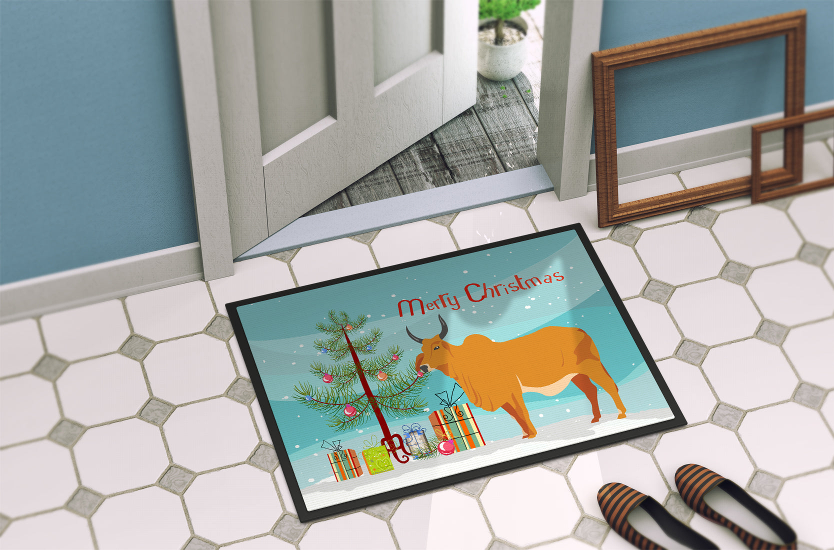 Zebu Indicine Cow Christmas Doormat Indoor Outdoor 18H X 27W Front Door Mat Rugs for Entryway, Non Slip Washable