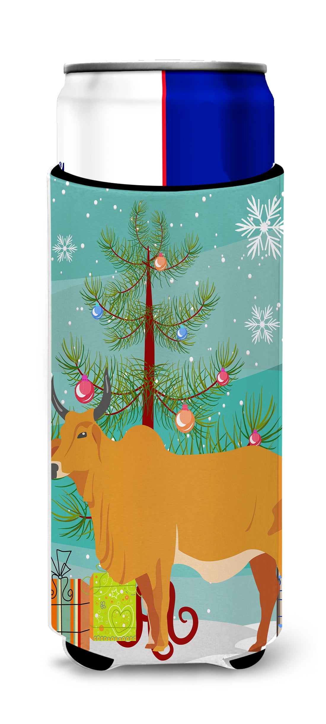 Zebu Indicine Cow Christmas Slim Can Hugger , Insulated Foam Hugger for 12 oz Slim Cans, Beer Bottles & Water Bottles, Printed in USA