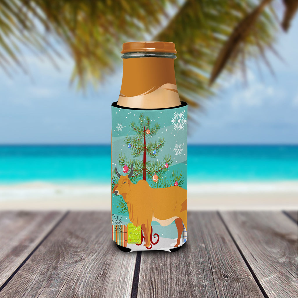 Zebu Indicine Cow Christmas Slim Can Hugger , Insulated Foam Hugger for 12 oz Slim Cans, Beer Bottles & Water Bottles, Printed in USA