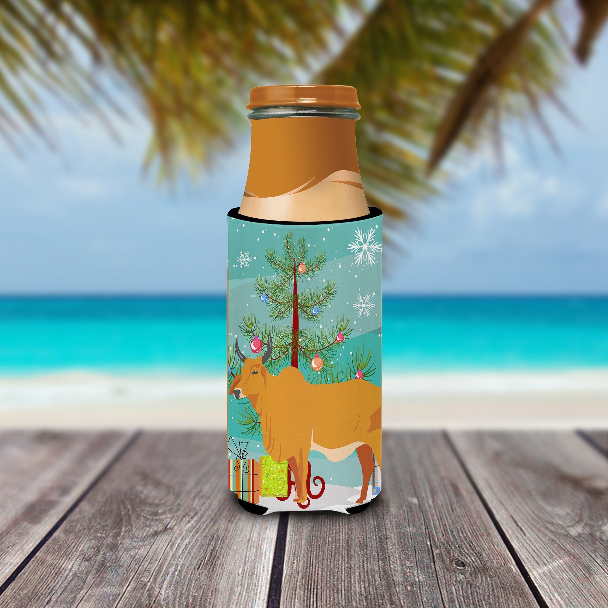 Zebu Indicine Cow Christmas Slim Can Hugger , Insulated Foam Hugger for 12 oz Slim Cans, Beer Bottles & Water Bottles, Printed in USA
