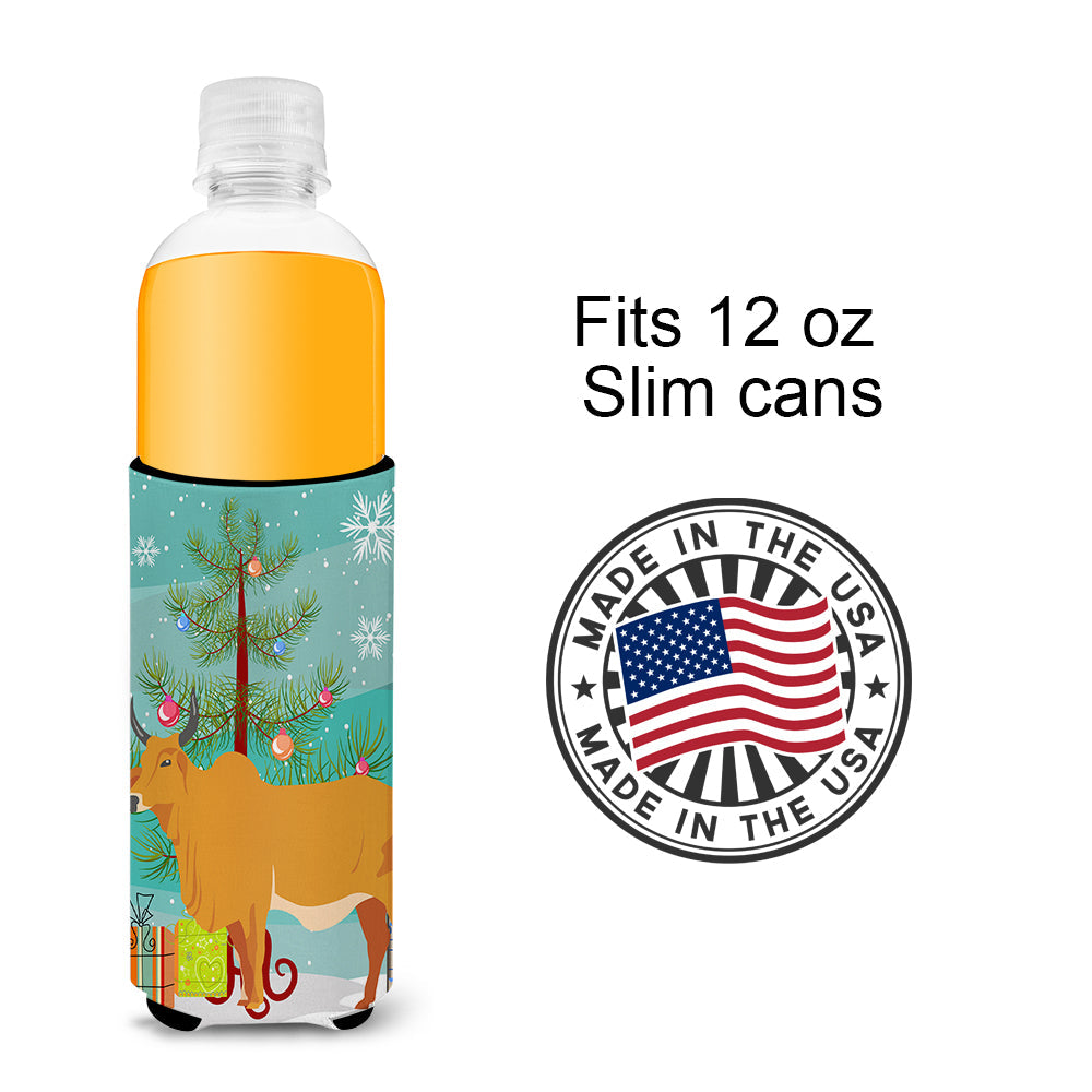 Zebu Indicine Cow Christmas Slim Can Hugger , Insulated Foam Hugger for 12 oz Slim Cans, Beer Bottles & Water Bottles, Printed in USA