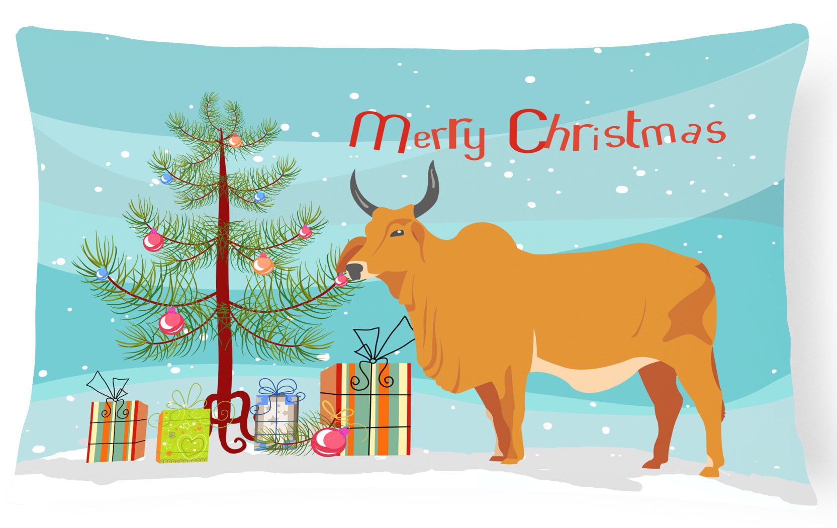 Zebu Indicine Cow Christmas Decorative Throw Pillow 12x16 Indoor Outdoor Accent Cushion, Fabric Cover with Insert for Sofa, Bed, Porch & Living Room