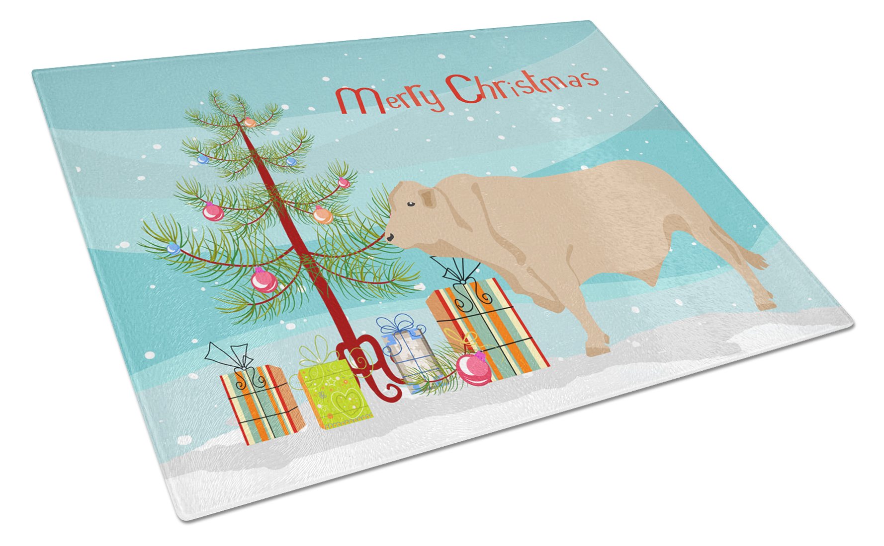 Charolais Cow Christmas Cutting Board Tempered Glass Kitchen Cutting Surface, Heat Resistant Chopping, Non-Slip Feet, Food Prep & Serving