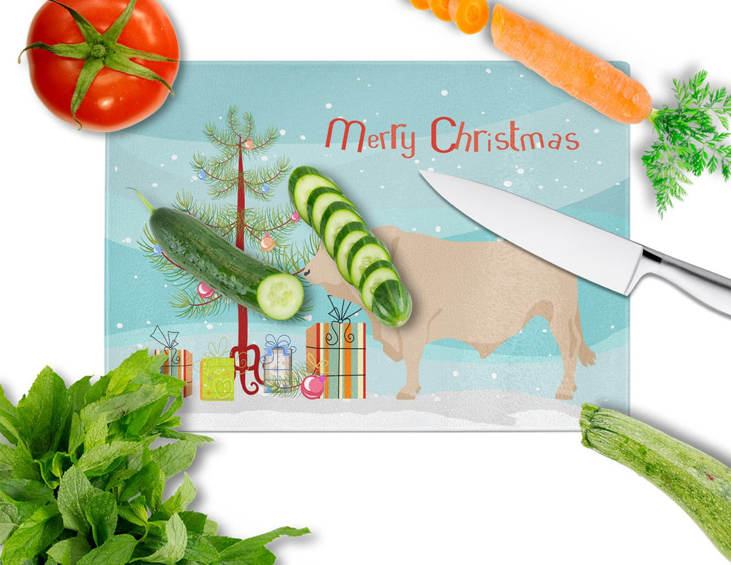 Charolais Cow Christmas Cutting Board Tempered Glass Kitchen Cutting Surface, Heat Resistant Chopping, Non-Slip Feet, Food Prep & Serving