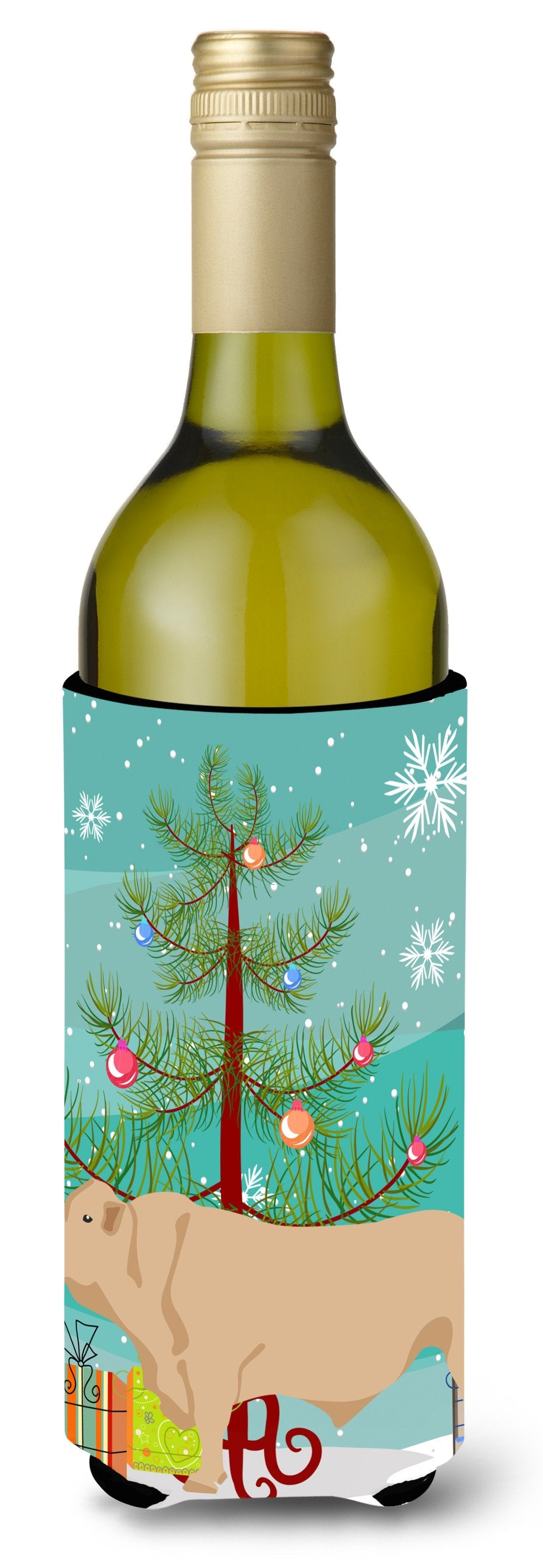 Charolais Cow Christmas Wine Bottle Hugger Gift Sleeve for Standard 750 ml Bottles, Insulated Reusable Also Fits Mini Shot & Pint Bottles