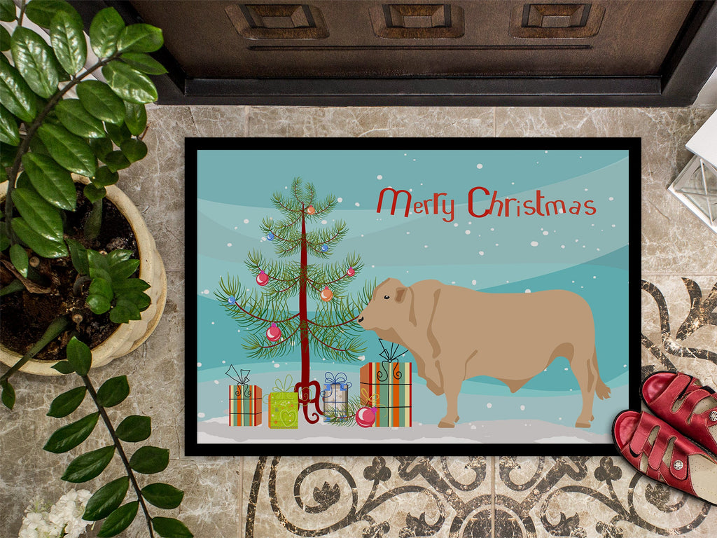 Charolais Cow Christmas Doormat Indoor Outdoor 18H X 27W Front Door Mat Rugs for Entryway, Non Slip Washable