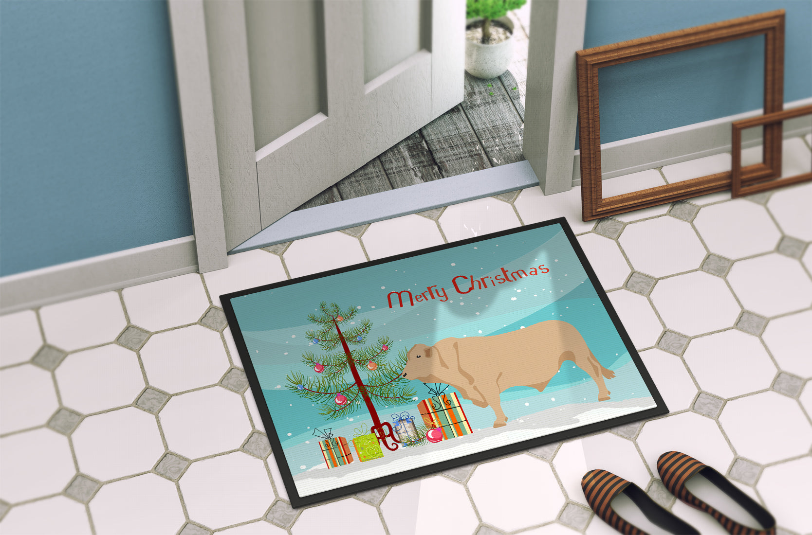 Charolais Cow Christmas Doormat Indoor Outdoor 18H X 27W Front Door Mat Rugs for Entryway, Non Slip Washable