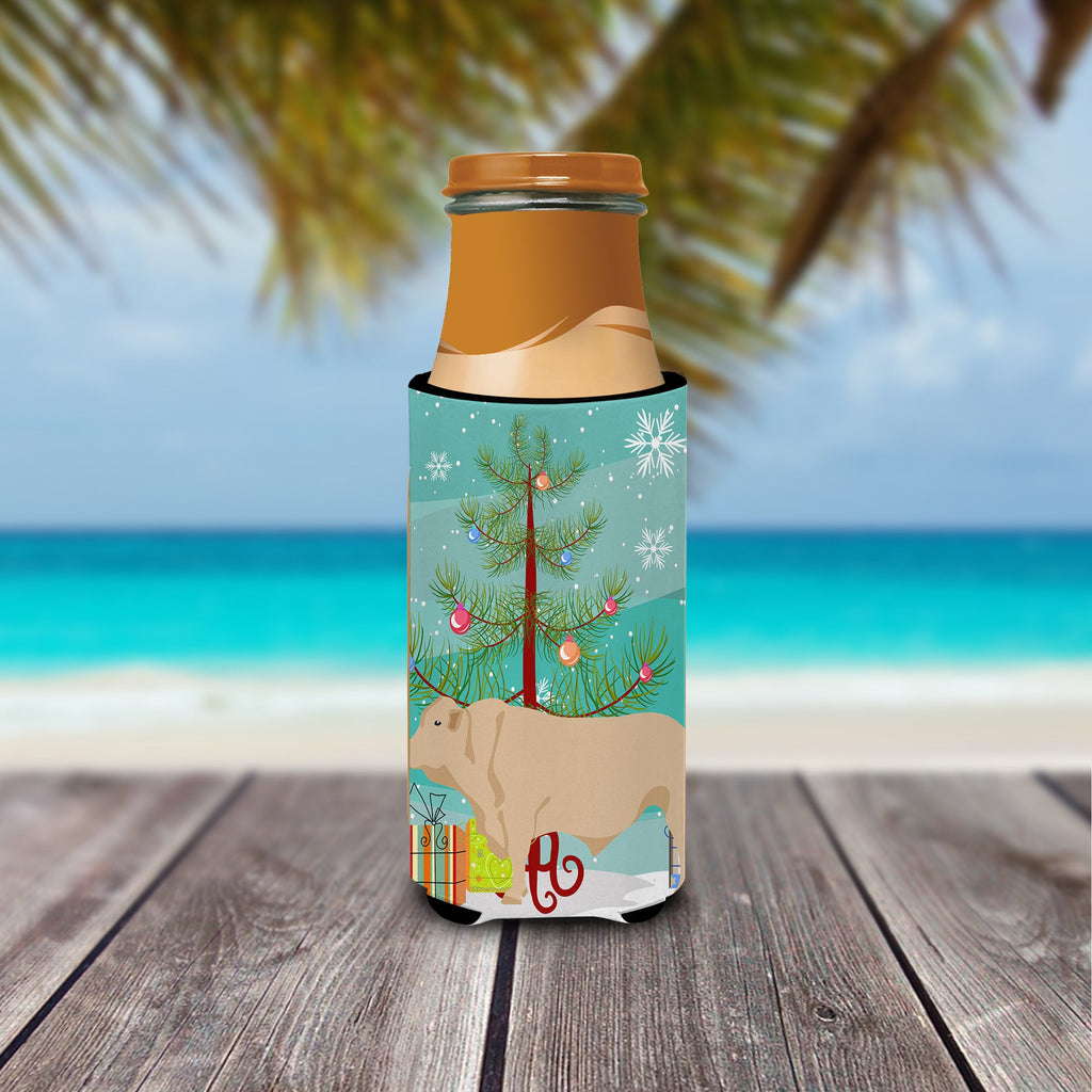 Charolais Cow Christmas Slim Can Hugger , Insulated Foam Hugger for 12 oz Slim Cans, Beer Bottles & Water Bottles, Printed in USA