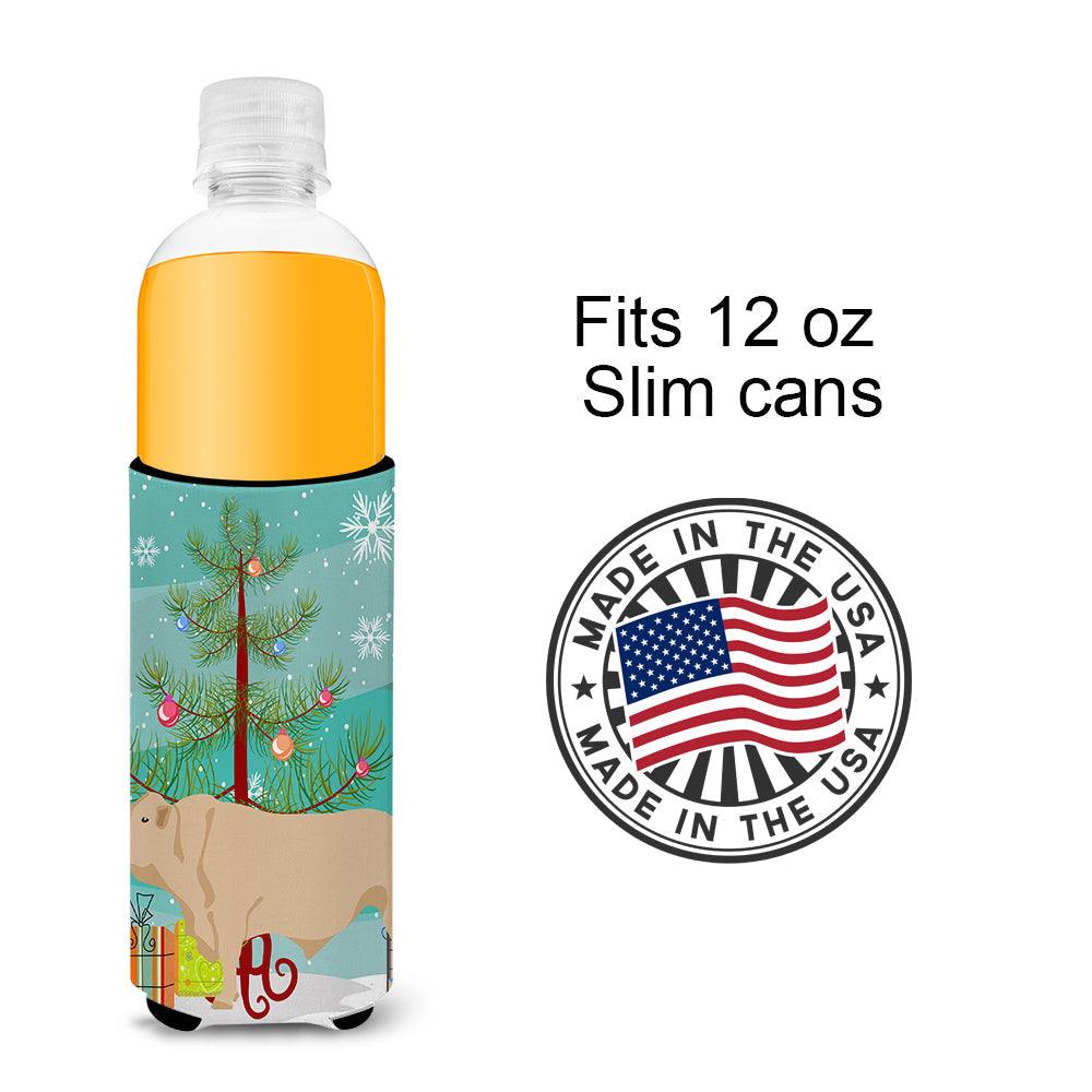 Charolais Cow Christmas Slim Can Hugger , Insulated Foam Hugger for 12 oz Slim Cans, Beer Bottles & Water Bottles, Printed in USA