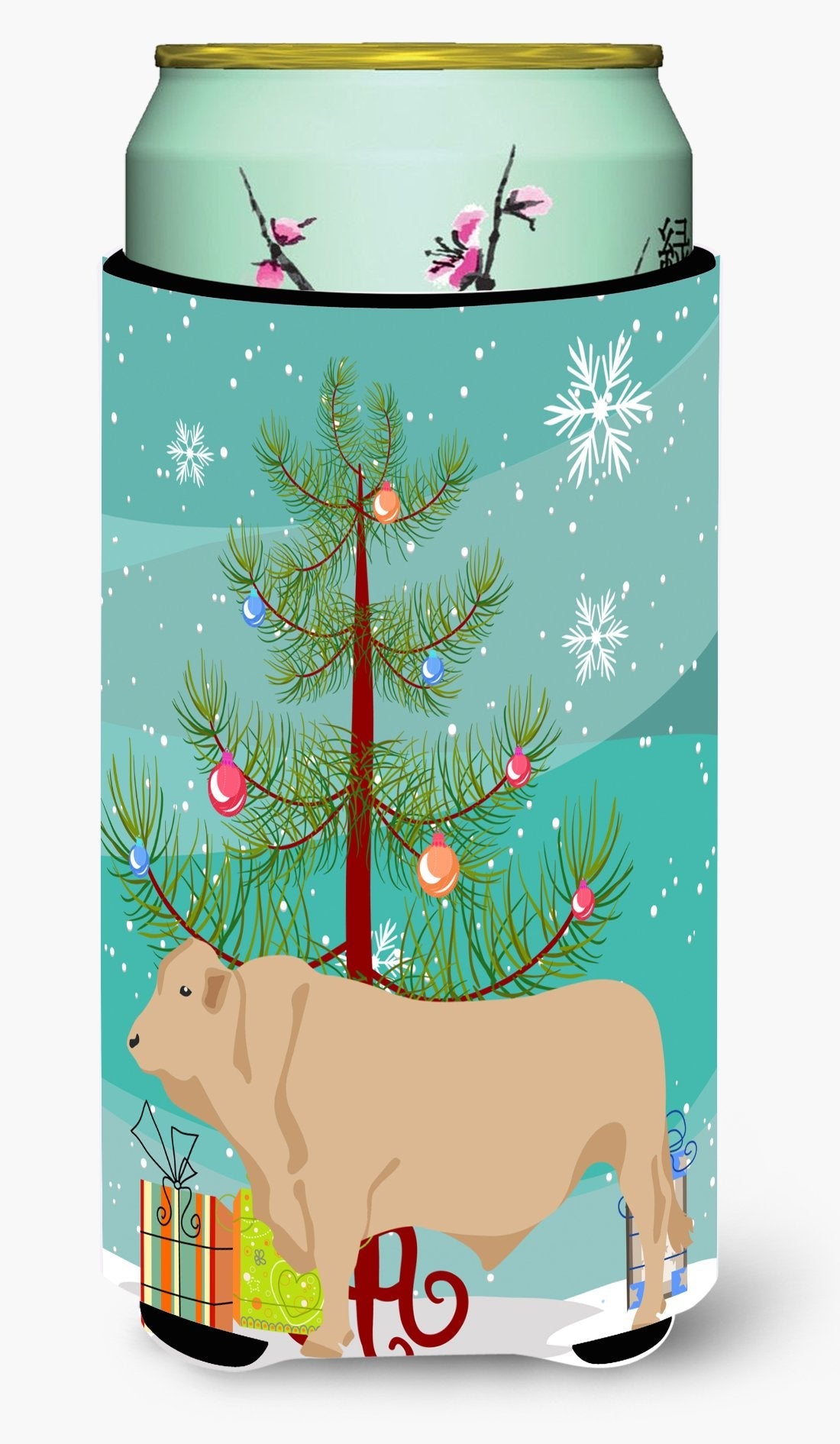 Charolais Cow Christmas Tall Boy Hugger Can Cooler Sleeve Machine Washable Drink Collapsible Insulator Beverage Insulated Holder