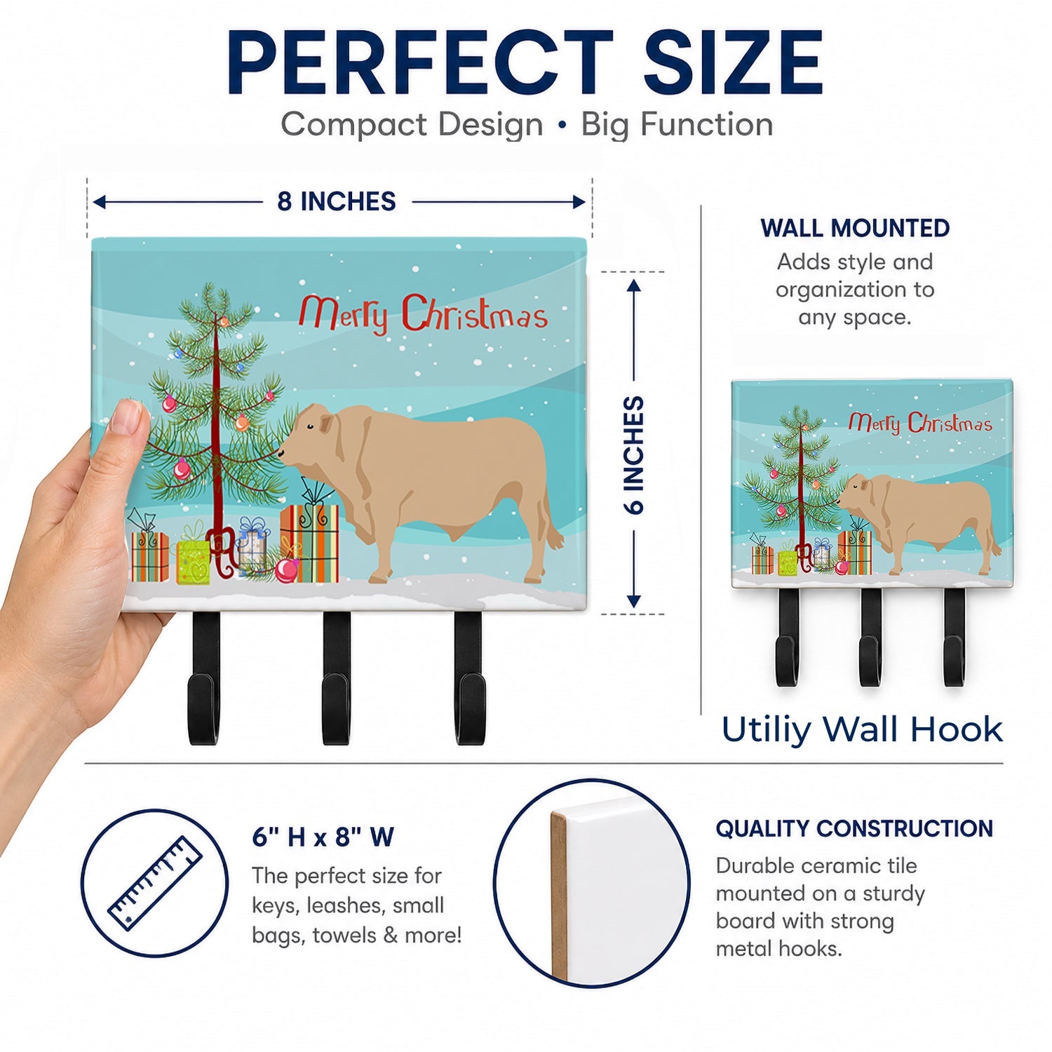 Charolais Cow Christmas Leash or Key Holder Wall Hooks, Coat Rack Wall Mount, for Hanging Keys, Towels, Aprons, Leashes