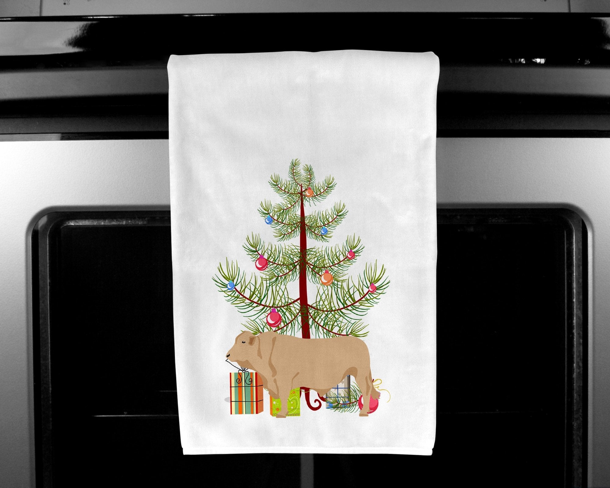 Charolais Cow Christmas Kitchen Towel Set of 2 White Dish Towels Decorative Bathroom Hand towel for Hand, Face, Hair, Yoga, Tea, Dishcloth, 19 X 28", White