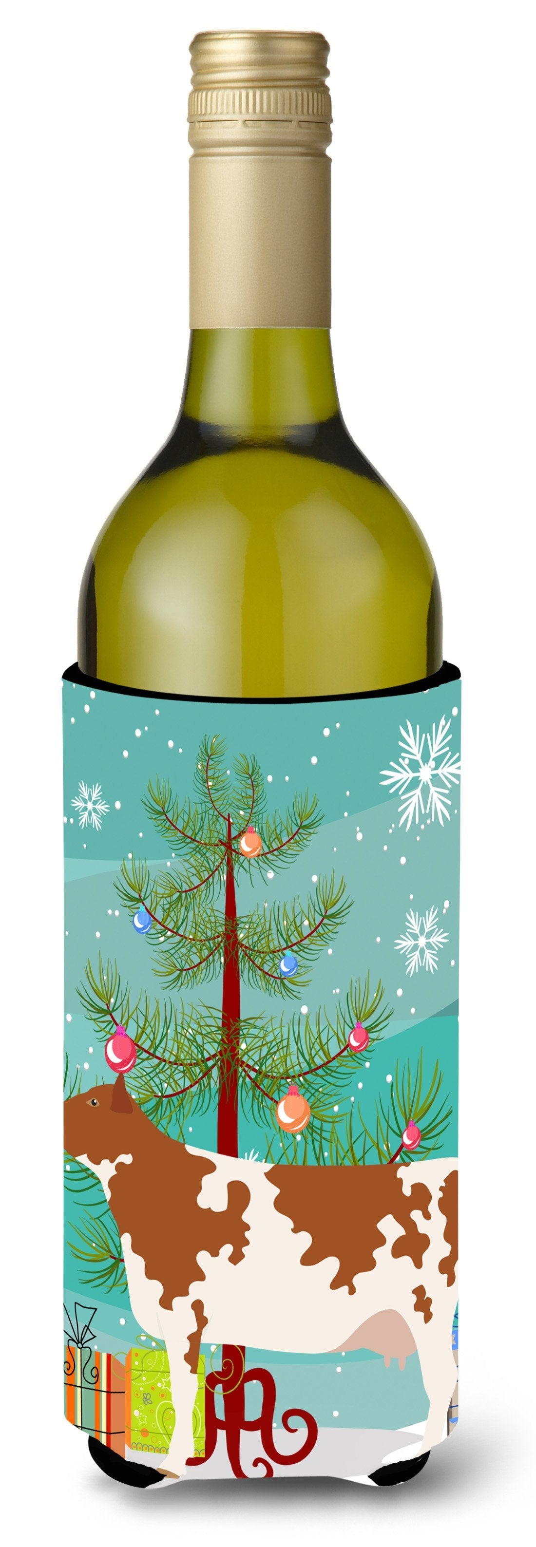 Ayrshire Cow Christmas Wine Bottle Hugger Gift Sleeve for Standard 750 ml Bottles, Insulated Reusable Also Fits Mini Shot & Pint Bottles