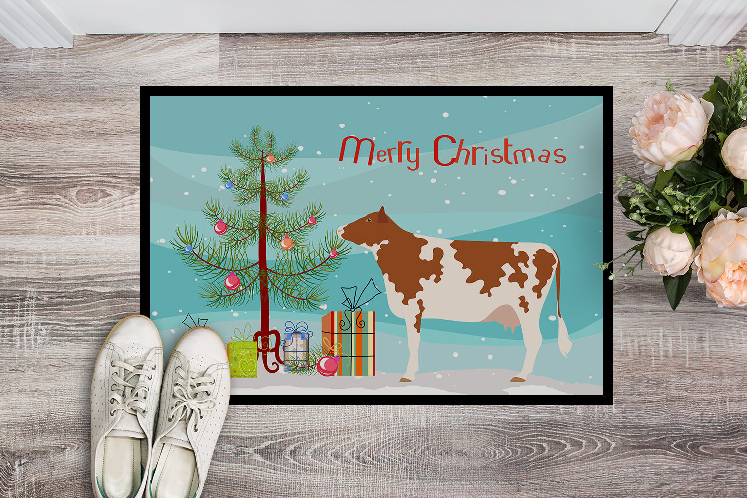 Ayrshire Cow Christmas Doormat Indoor Outdoor 18H X 27W Front Door Mat Rugs for Entryway, Non Slip Washable