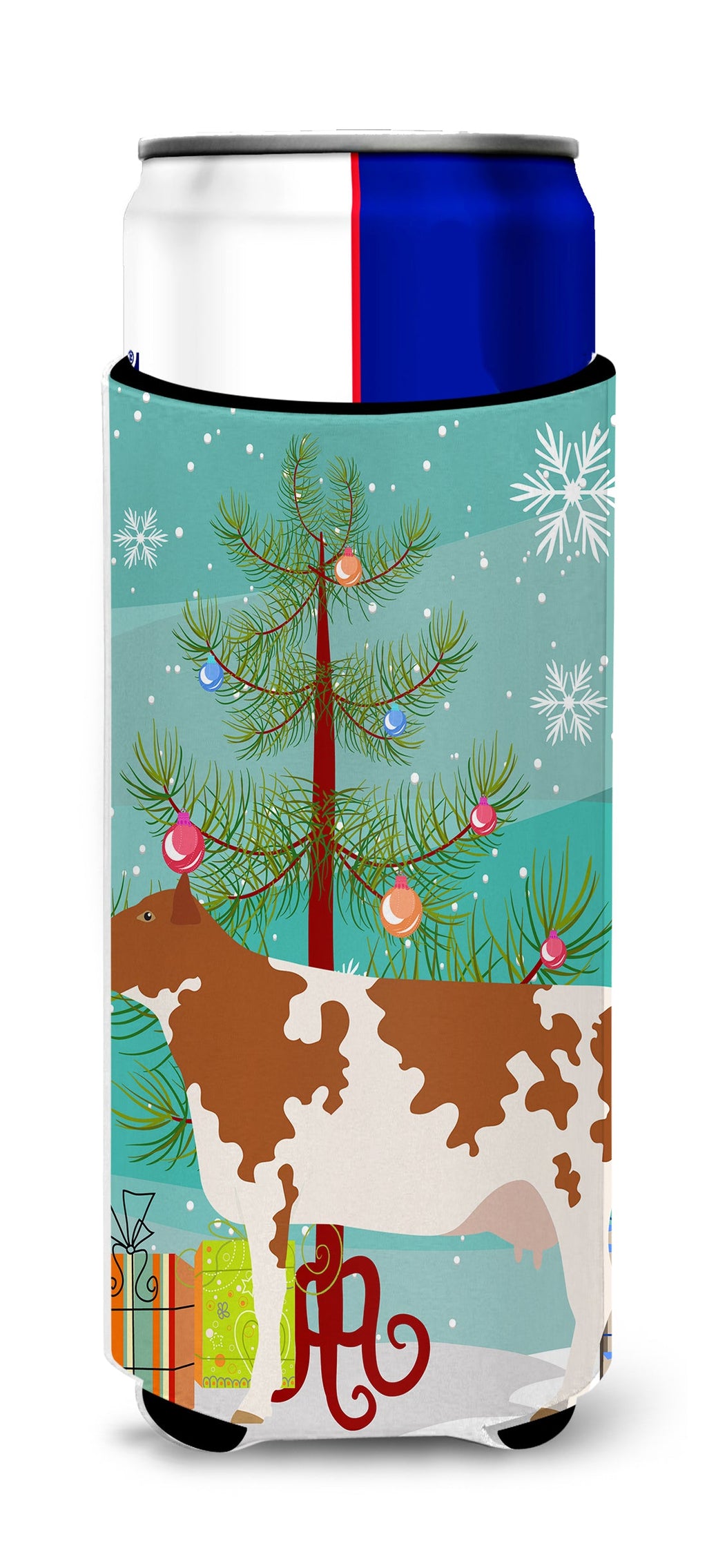 Ayrshire Cow Christmas Slim Can Hugger , Insulated Foam Hugger for 12 oz Slim Cans, Beer Bottles & Water Bottles, Printed in USA