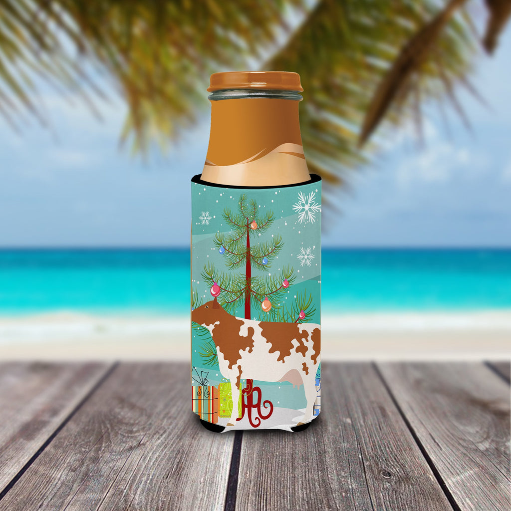 Ayrshire Cow Christmas Slim Can Hugger , Insulated Foam Hugger for 12 oz Slim Cans, Beer Bottles & Water Bottles, Printed in USA