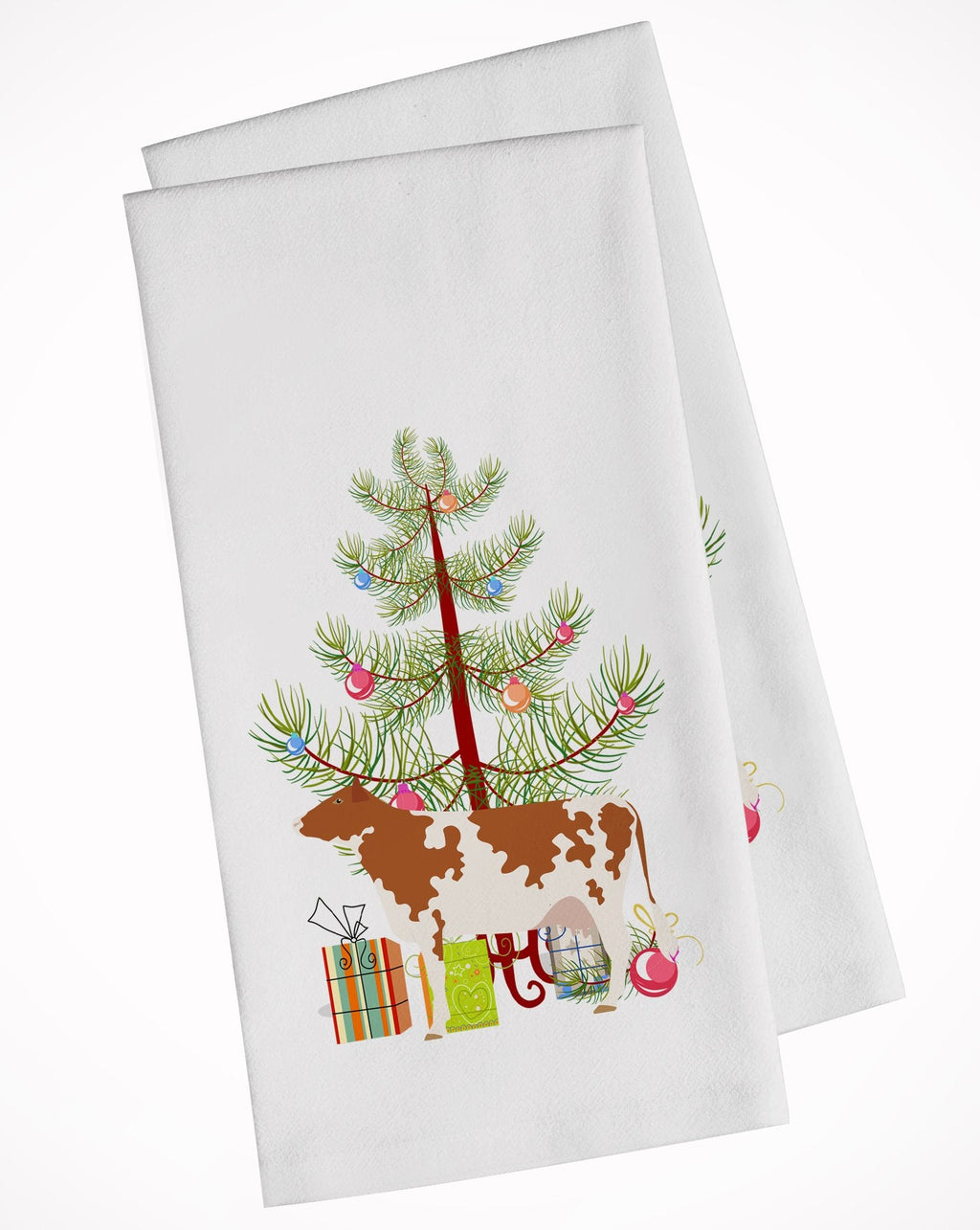 Ayrshire Cow Christmas Kitchen Towel Set of 2 White Dish Towels Decorative Bathroom Hand towel for Hand, Face, Hair, Yoga, Tea, Dishcloth, 19 X 28", White