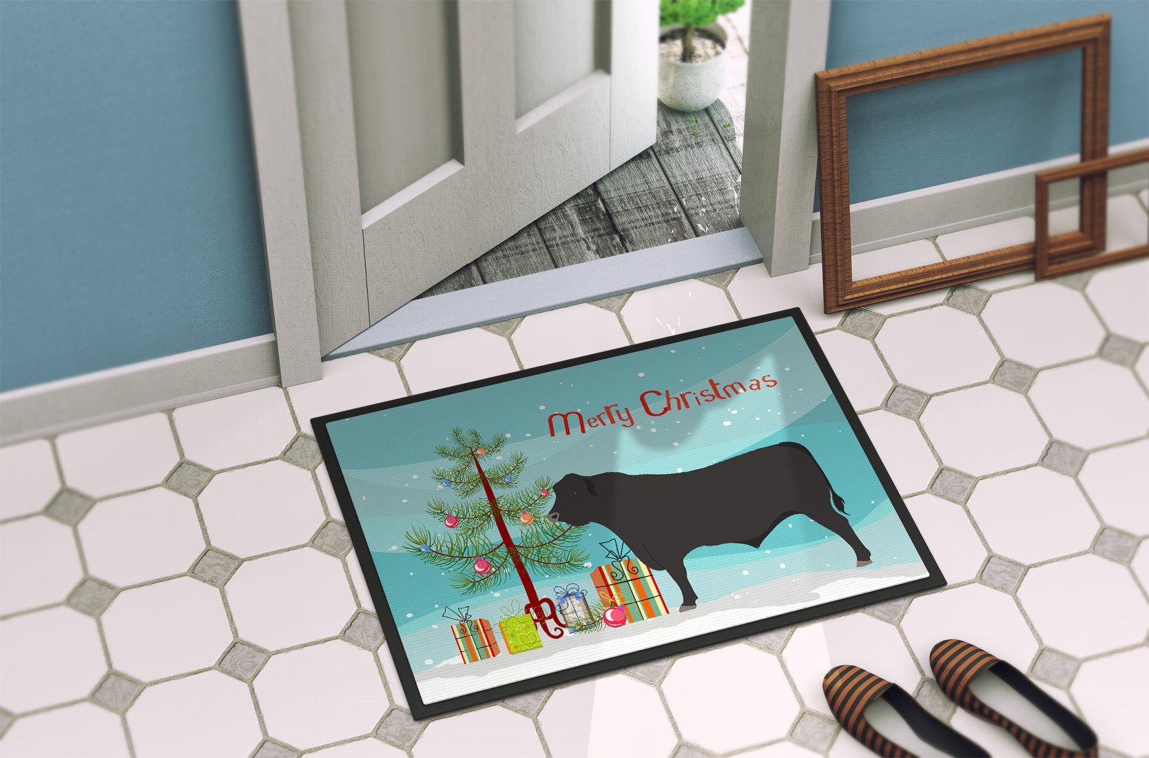 Black Angus Cow Christmas Doormat Indoor Outdoor 24H X 36W Front Door Mat Rugs for Entryway, Non Slip Washable Low Pile,