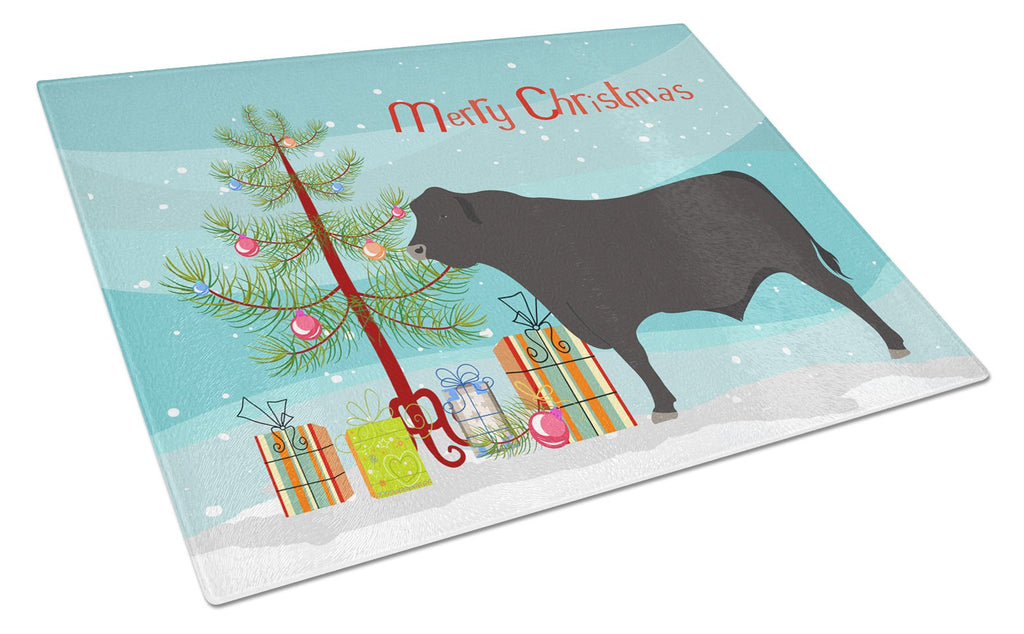Black Angus Cow Christmas Cutting Board Tempered Glass Kitchen Cutting Surface, Heat Resistant Chopping, Non-Slip Feet, Food Prep & Serving