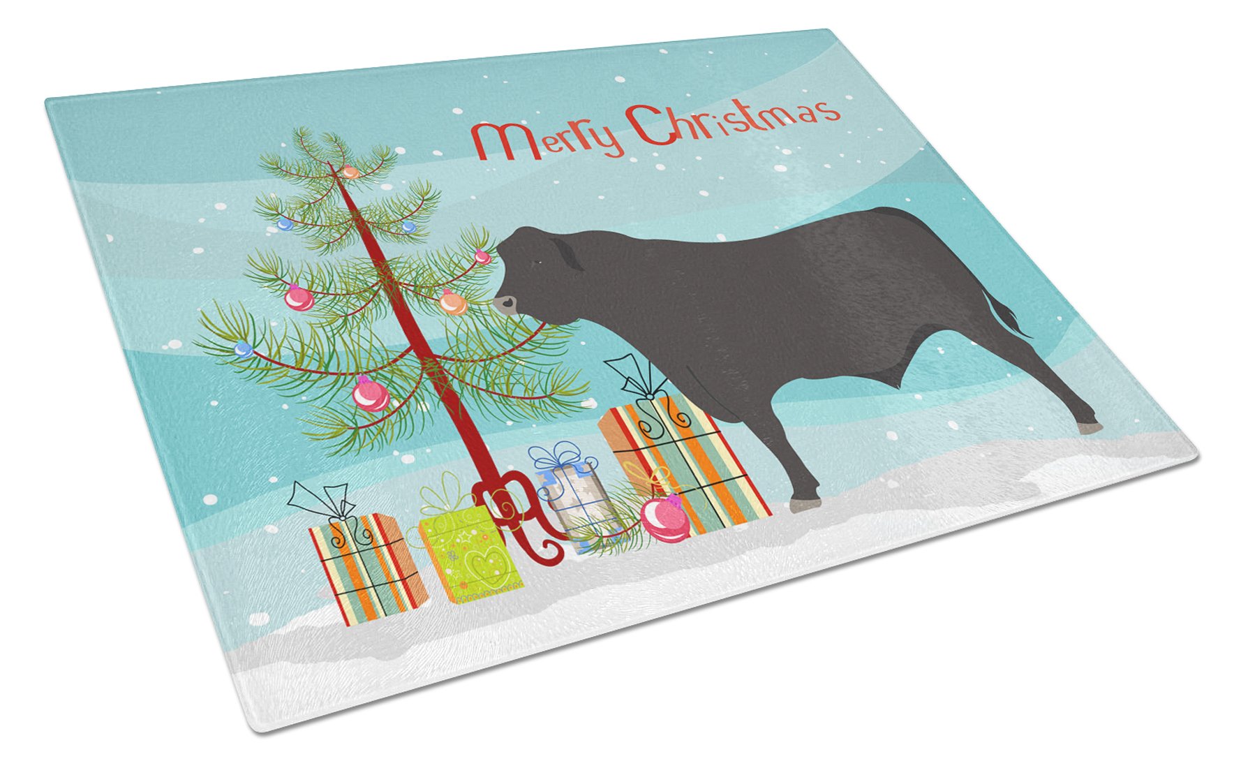 Black Angus Cow Christmas Cutting Board Tempered Glass Kitchen Cutting Surface, Heat Resistant Chopping, Non-Slip Feet, Food Prep & Serving