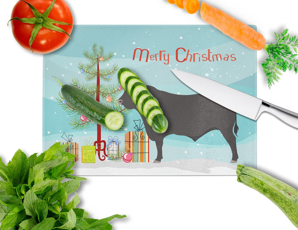Black Angus Cow Christmas Cutting Board Tempered Glass Kitchen Cutting Surface, Heat Resistant Chopping, Non-Slip Feet, Food Prep & Serving