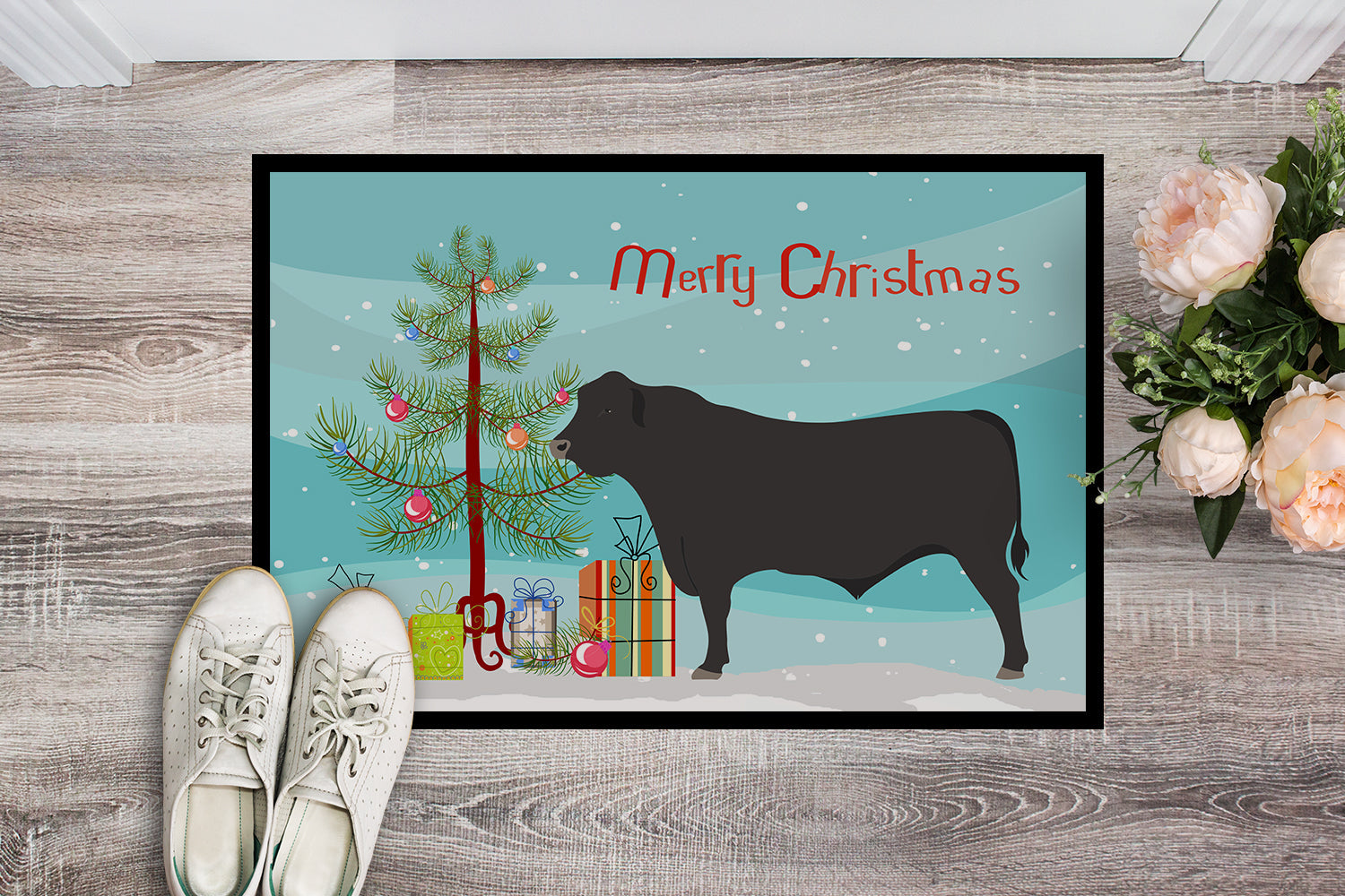 Black Angus Cow Christmas Doormat Indoor Outdoor 18H X 27W Front Door Mat Rugs for Entryway, Non Slip Washable