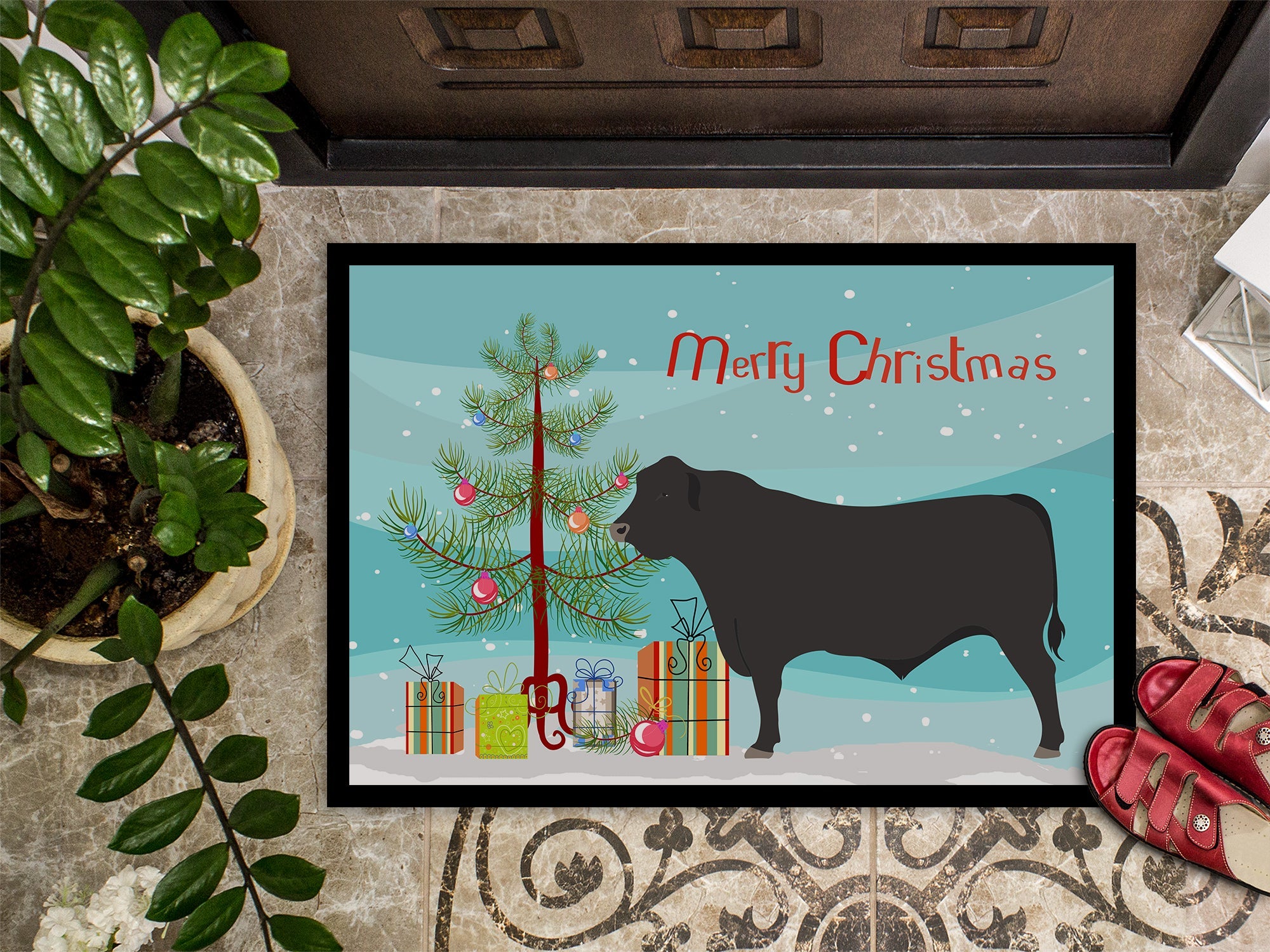 Black Angus Cow Christmas Doormat Indoor Outdoor 18H X 27W Front Door Mat Rugs for Entryway, Non Slip Washable