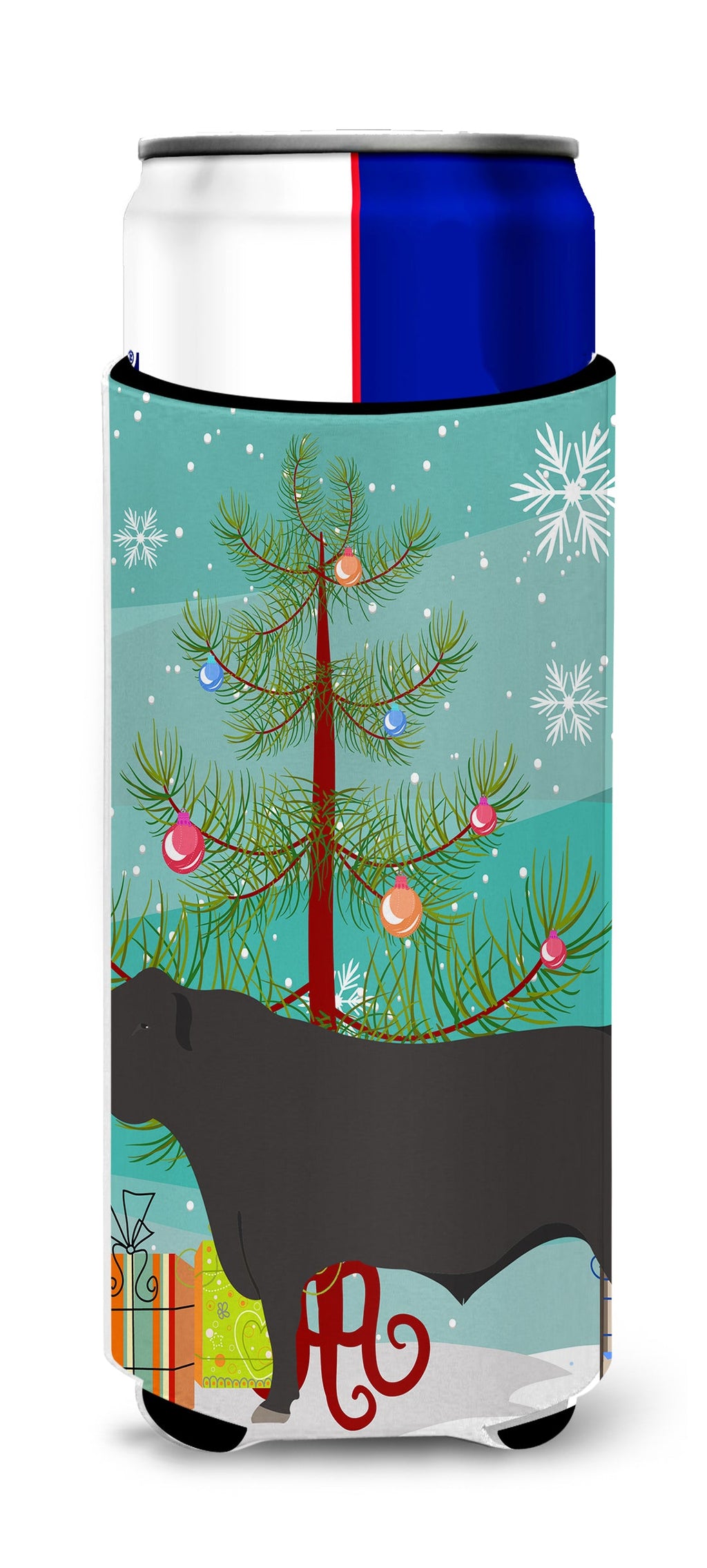 Black Angus Cow Christmas Slim Can Hugger , Insulated Foam Hugger for 12 oz Slim Cans, Beer Bottles & Water Bottles, Printed in USA
