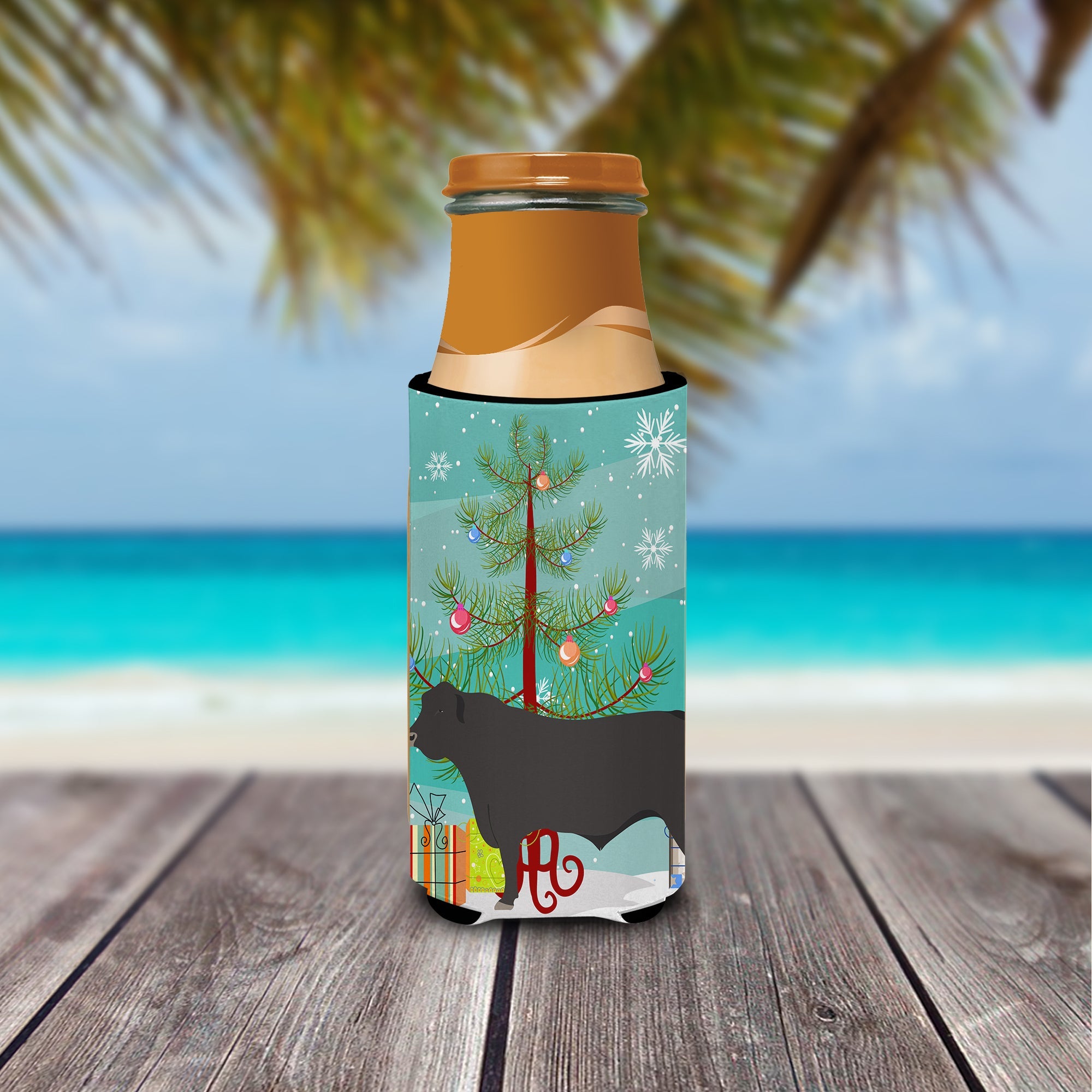 Black Angus Cow Christmas Slim Can Hugger , Insulated Foam Hugger for 12 oz Slim Cans, Beer Bottles & Water Bottles, Printed in USA