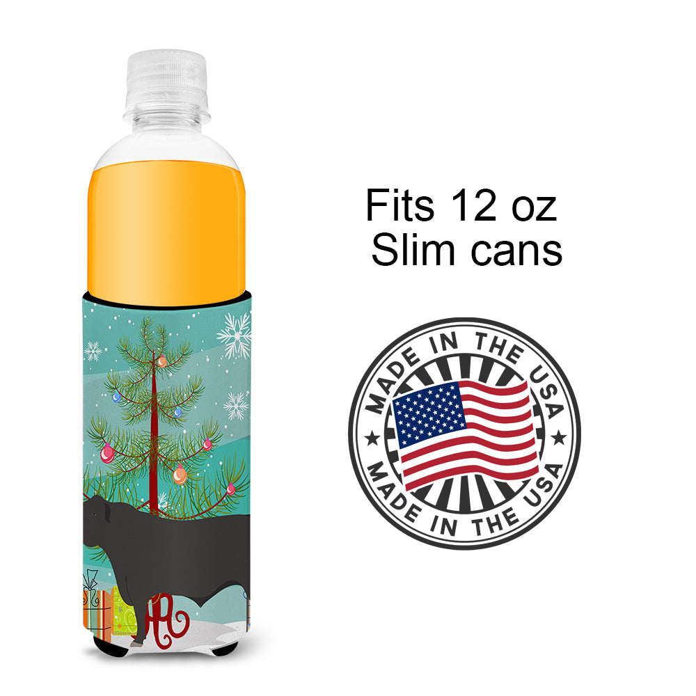 Black Angus Cow Christmas Slim Can Hugger , Insulated Foam Hugger for 12 oz Slim Cans, Beer Bottles & Water Bottles, Printed in USA