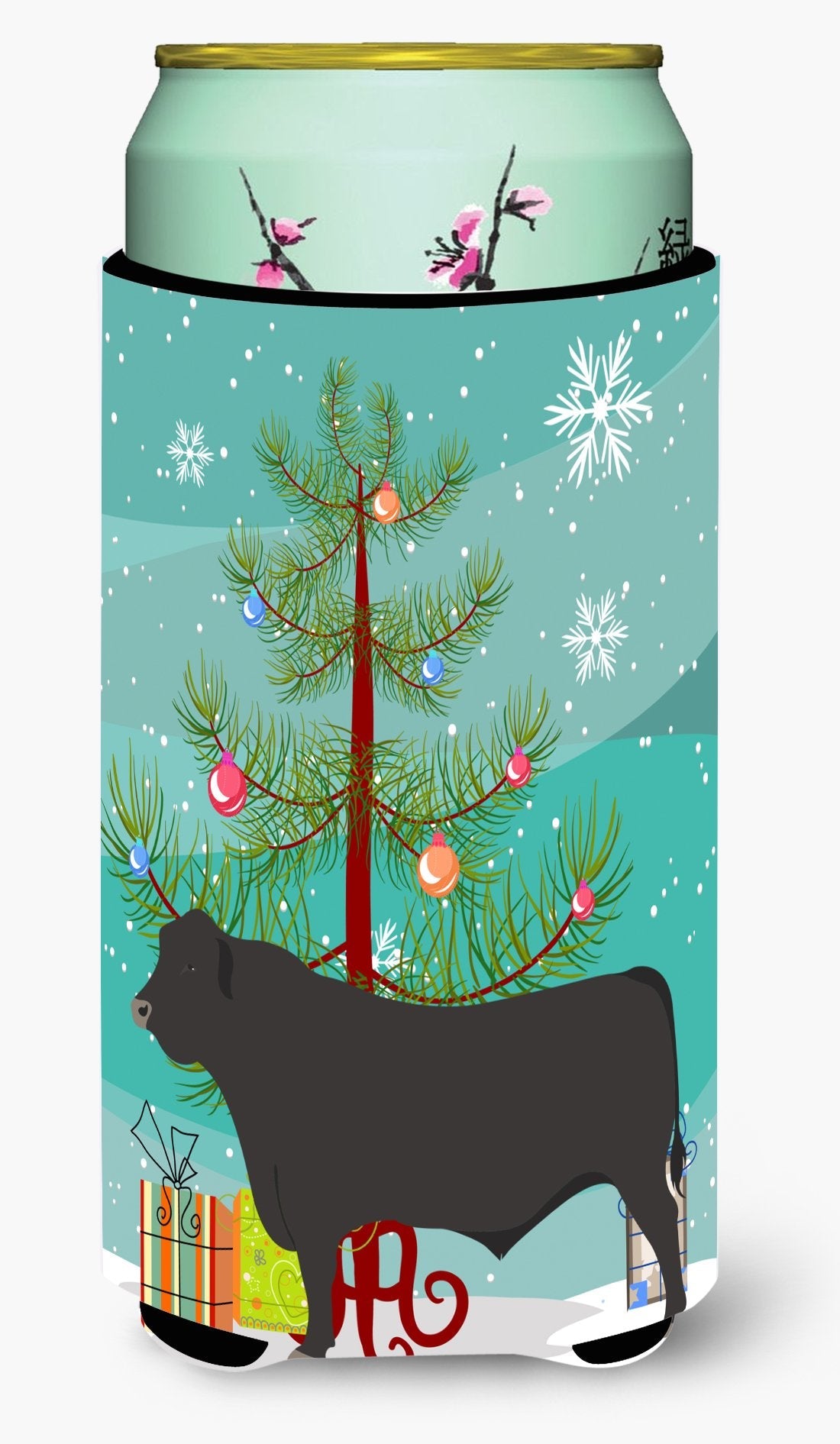Black Angus Cow Christmas Tall Boy Hugger Can Cooler Sleeve Machine Washable Drink Collapsible Insulator Beverage Insulated Holder